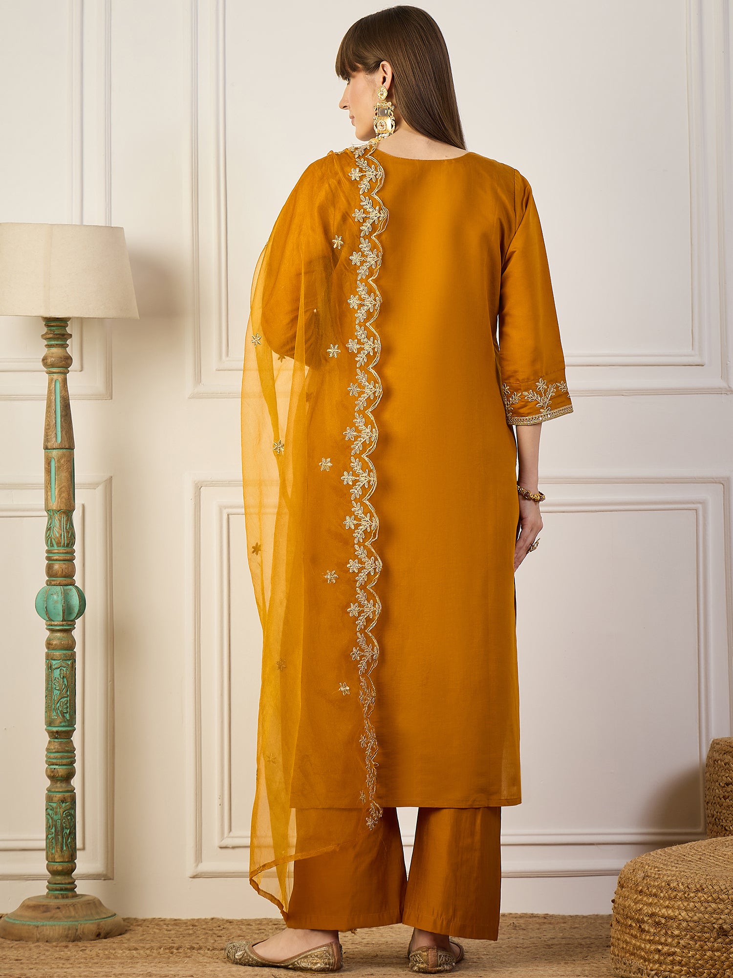 Heer Mustard Floral Embroidered Thread Work Kurta with Palazzo & Dupatta Suits
