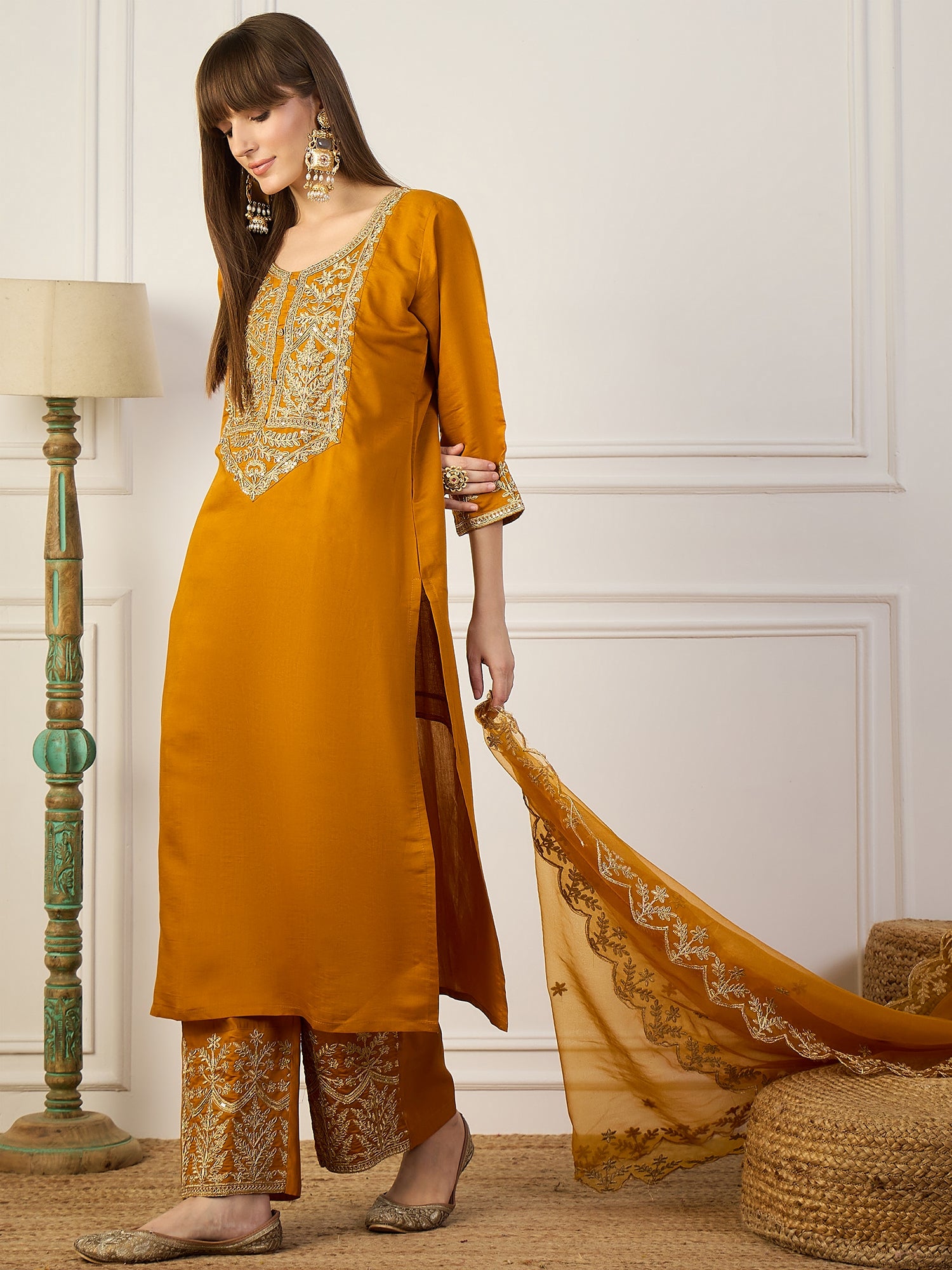 Heer Mustard Floral Embroidered Thread Work Kurta with Palazzo & Dupatta Suits