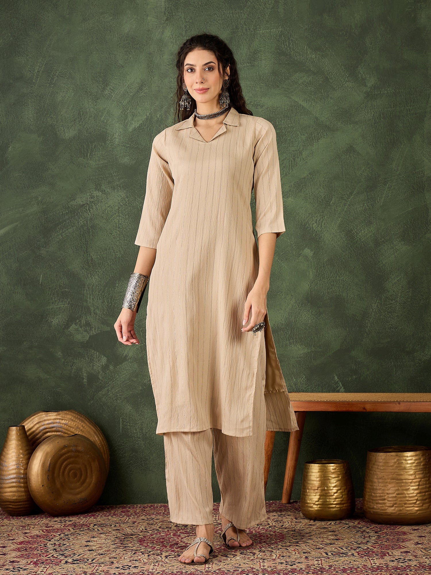 Mishka Women's Office, Festive Wear Cream Straight Kurta & Pant, Co-ord Set
