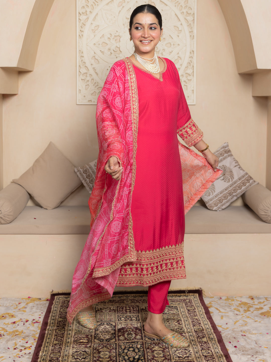 Prakriti Pink Kurta and Pant Dupatta Sets Silk Blend Fabrics with Embroidery