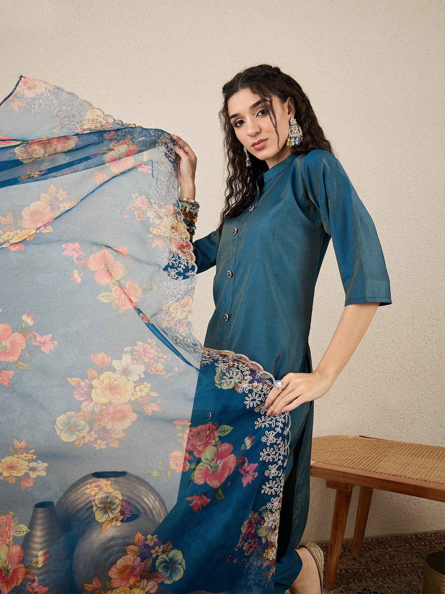 Binita Teal Blue Silk Blend Women Ethnic Suit Sets
