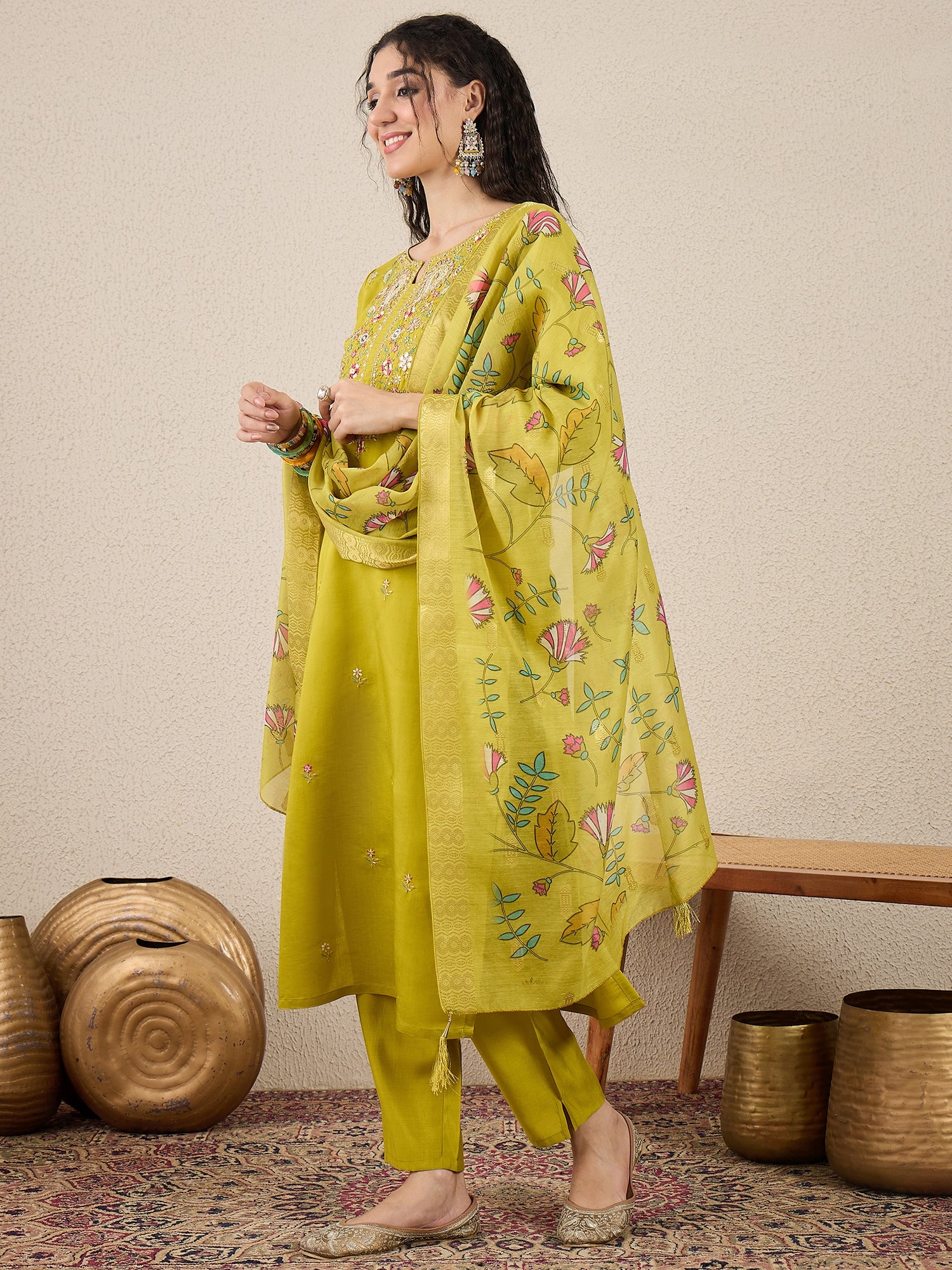 Nazakat Parrot green Kurta and Pant Dupatta Set