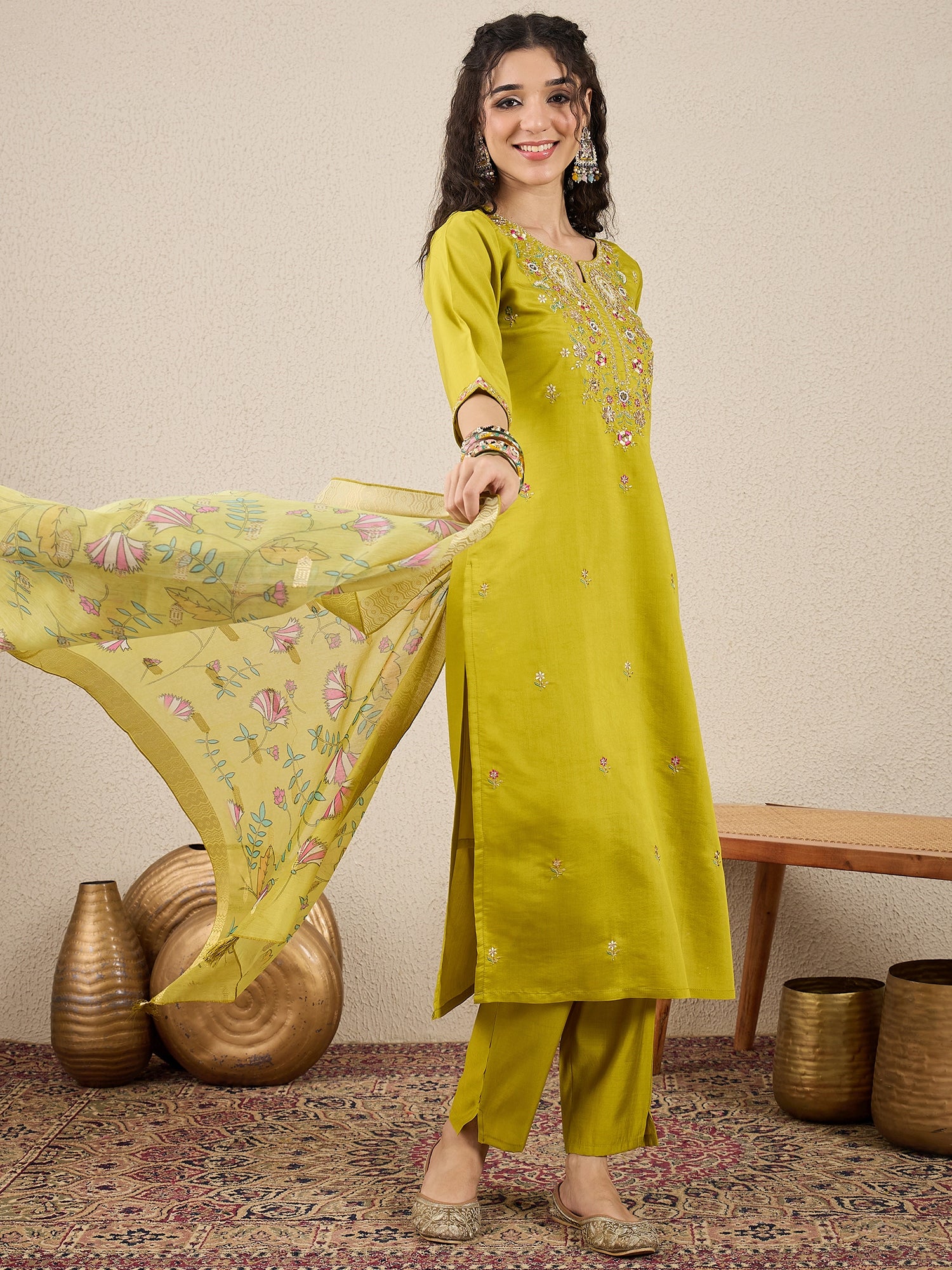 Nazakat Parrot green Kurta and Pant Dupatta Set