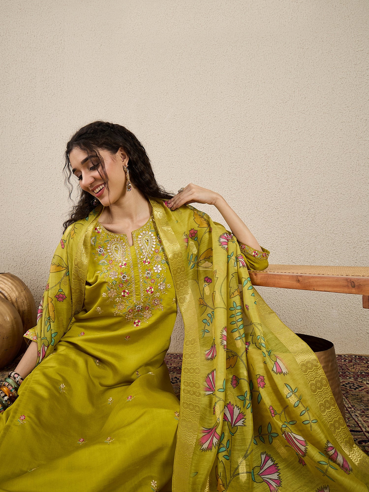 Nazakat Parrot green Kurta and Pant Dupatta Set