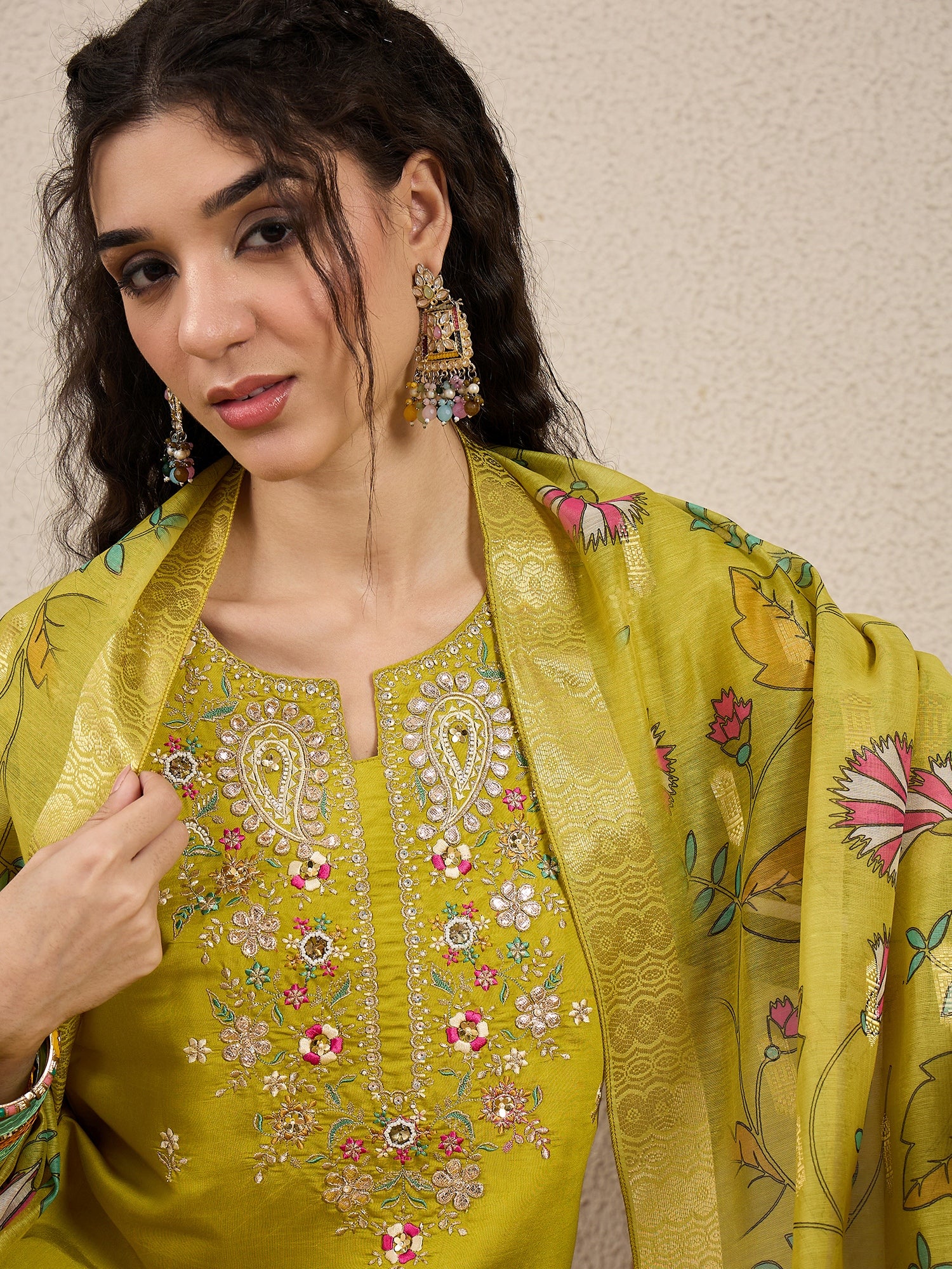 Nazakat Parrot green Kurta and Pant Dupatta Set