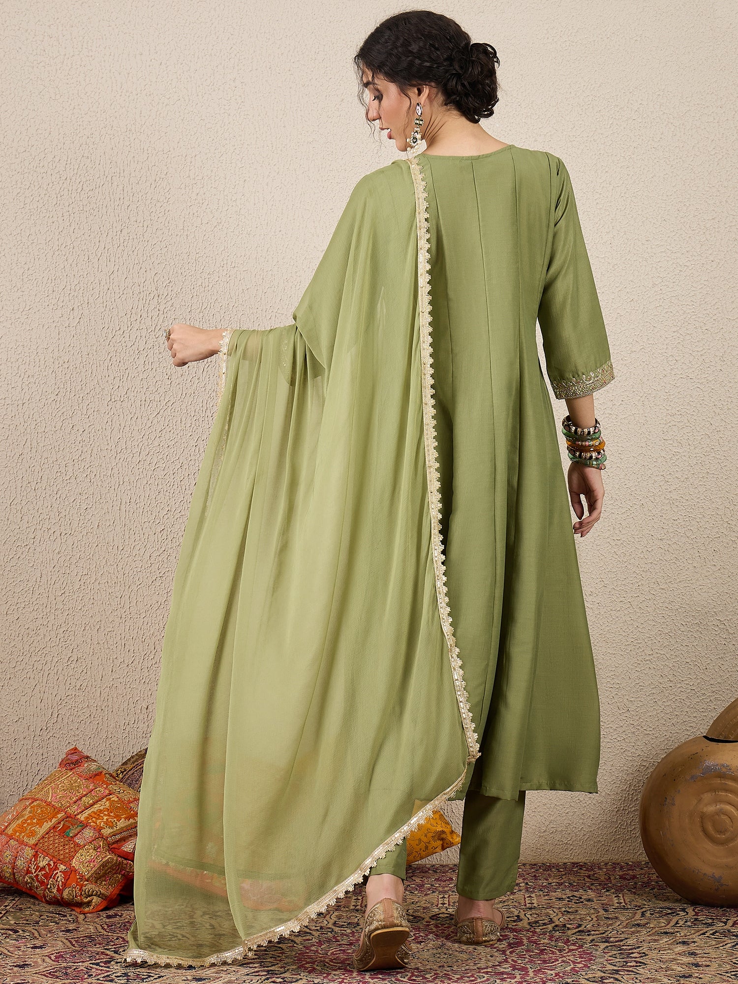 Shweta Festive Embroidered Russian Silk Mehndi Anarkali Set