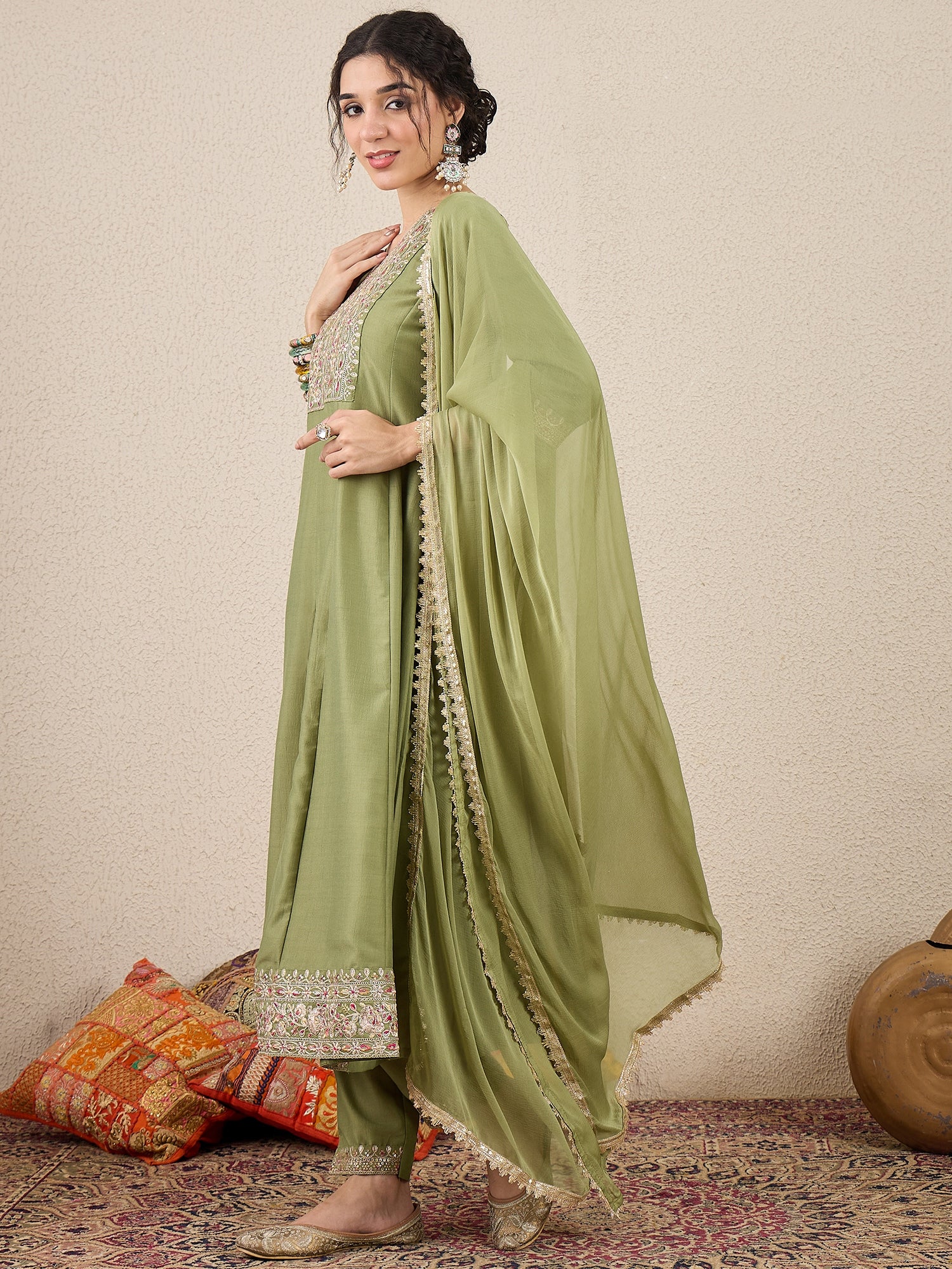 Shweta Festive Embroidered Russian Silk Mehndi Anarkali Set