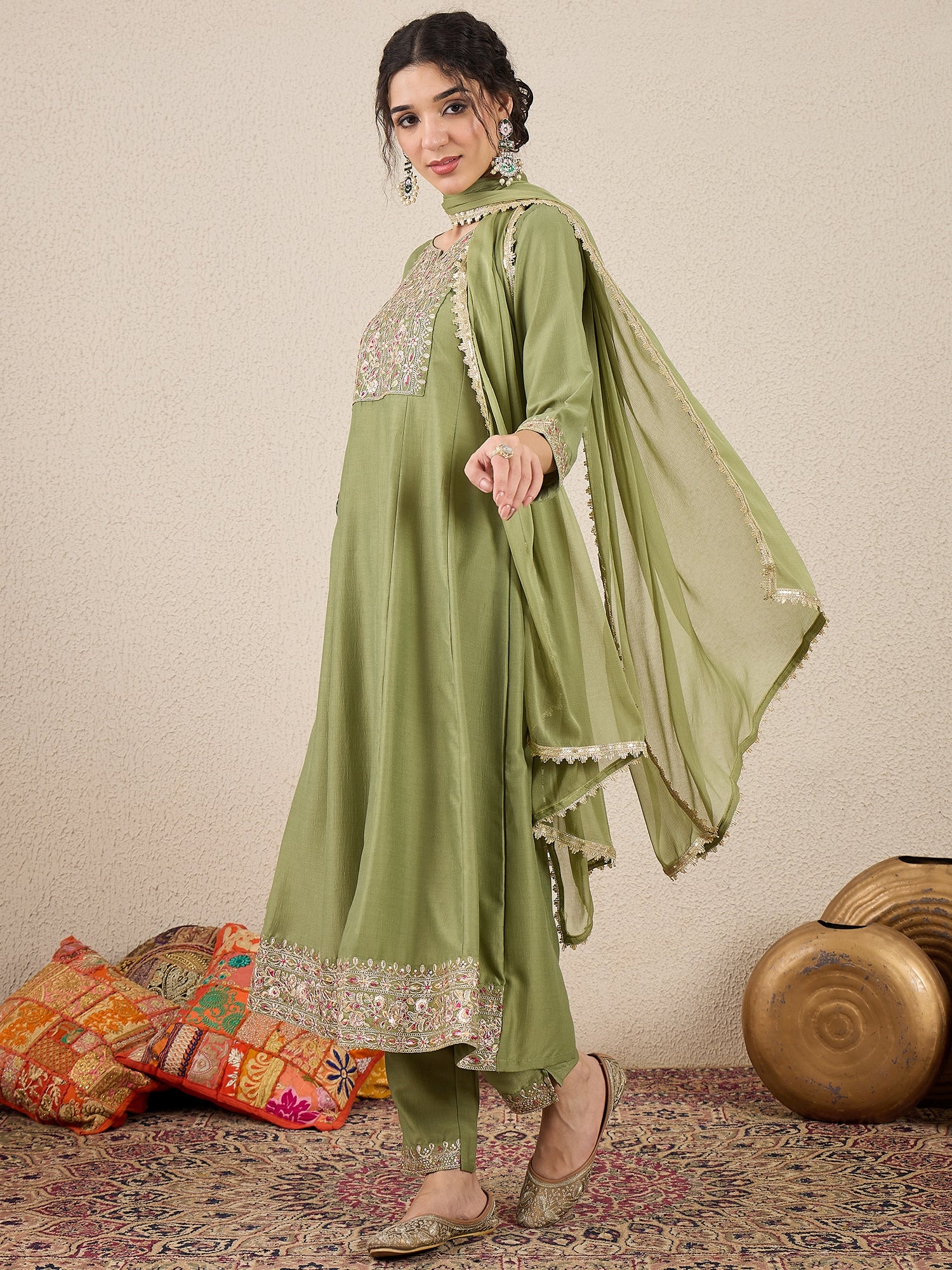 Shweta Festive Embroidered Russian Silk Mehndi Anarkali Set