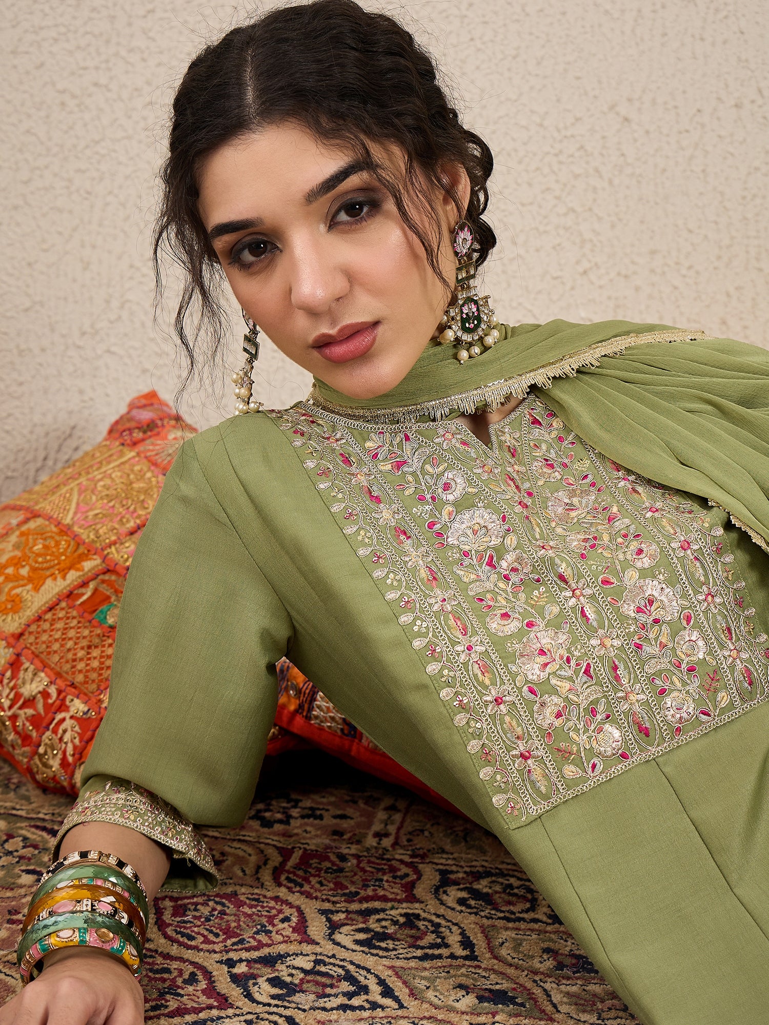 Shweta Festive Embroidered Russian Silk Mehndi Anarkali Set