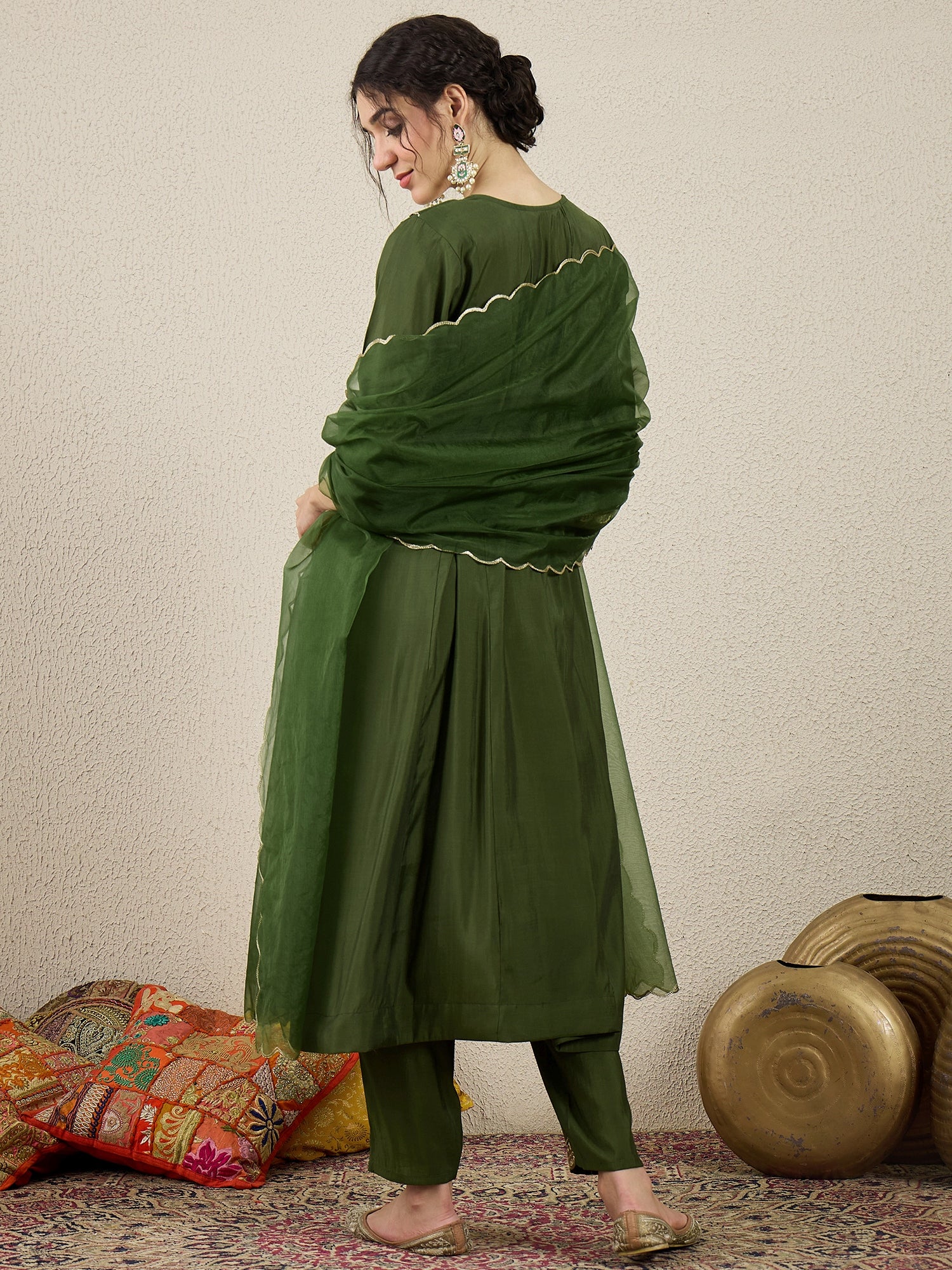 Khusboo Husk Mehndi Embroidered Silk Blend Anarkali Suit Set With Dupatta