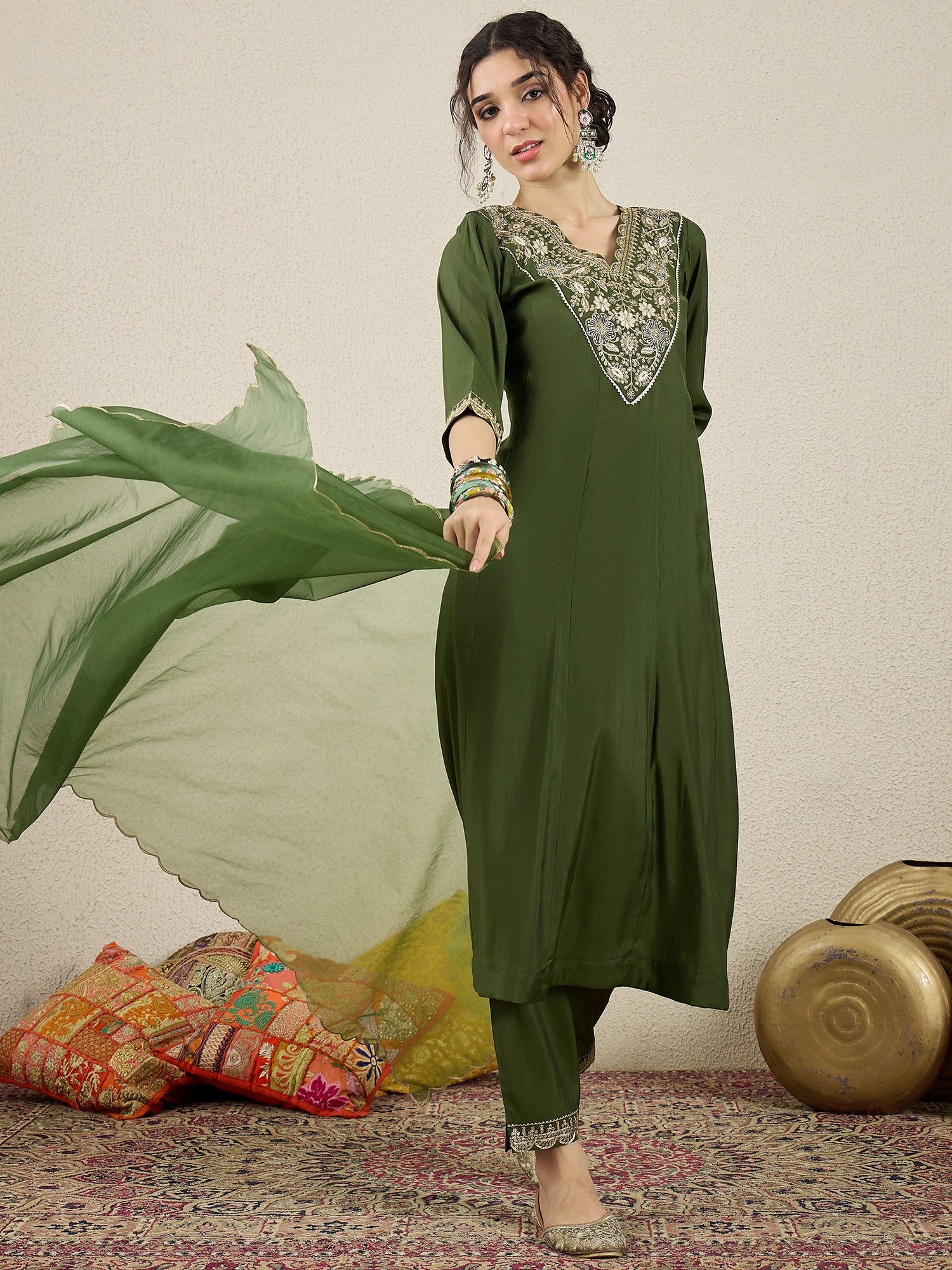 Khusboo Husk Mehndi Embroidered Silk Blend Anarkali Suit Set With Dupatta