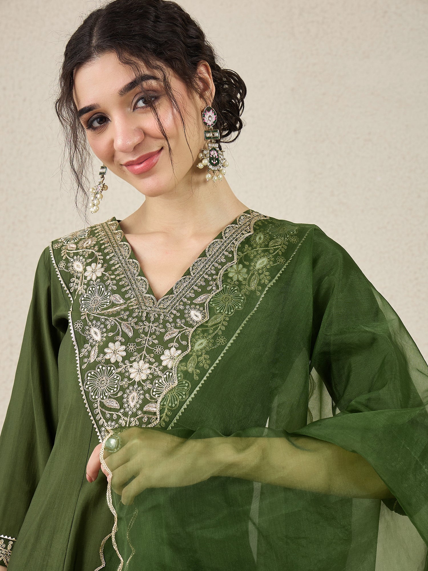 Khusboo Husk Mehndi Embroidered Silk Blend Anarkali Suit Set With Dupatta