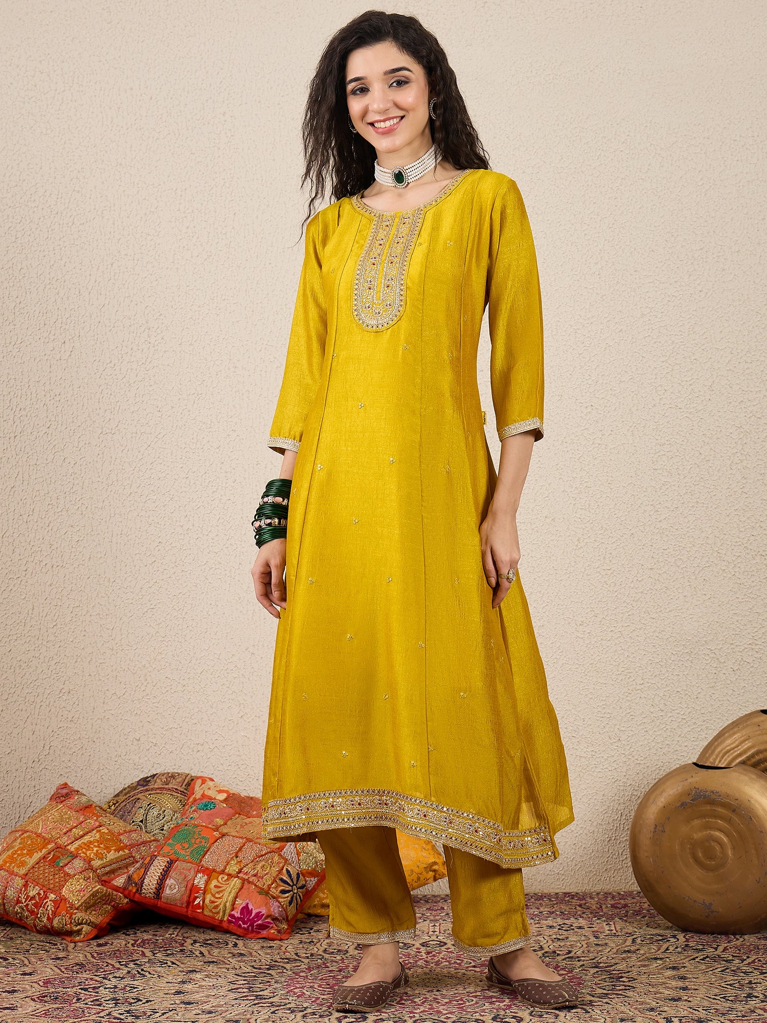 Zulekha  Yellow Silk Blend Embroidered Anarkali Set
