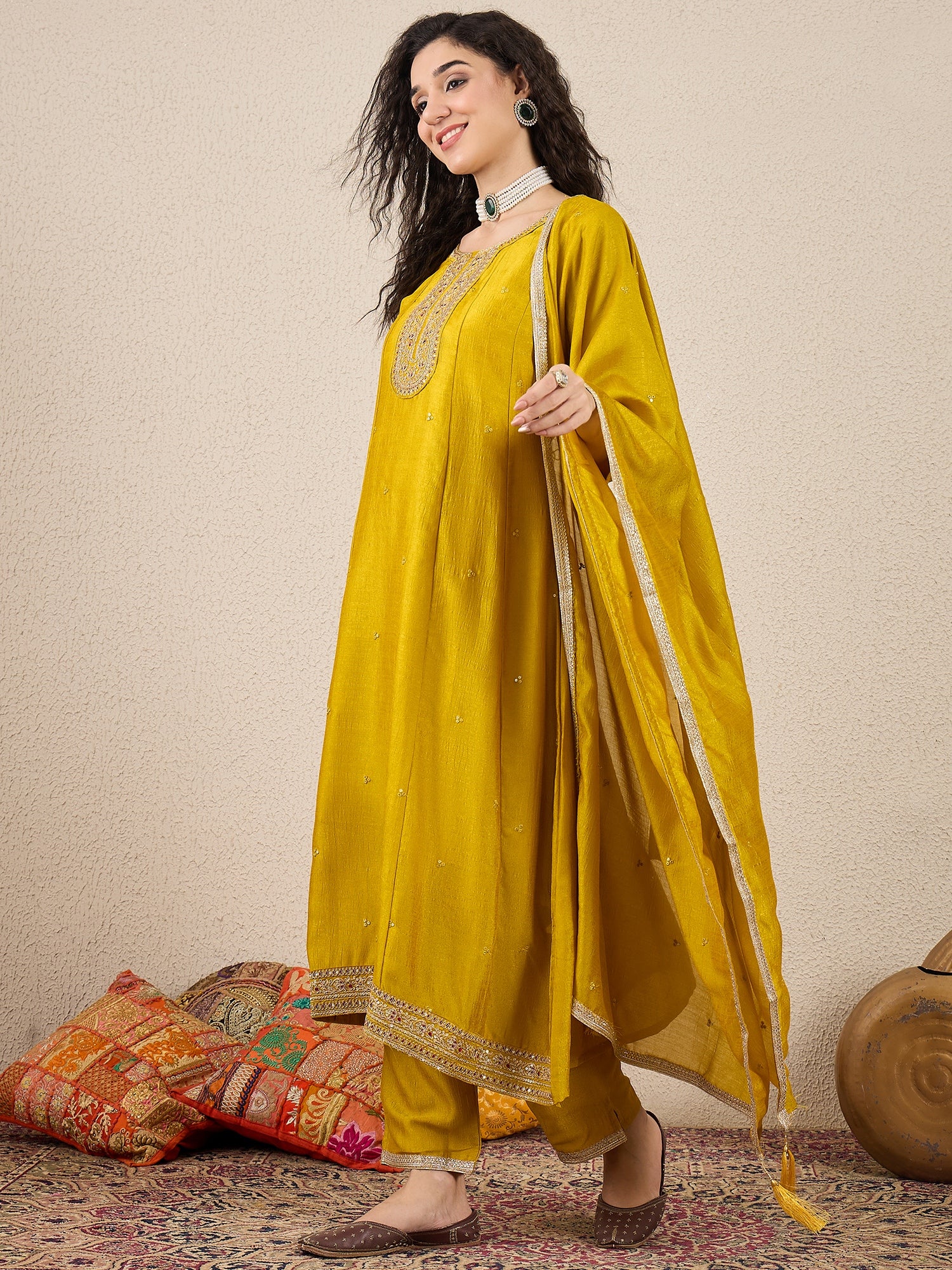 Zulekha  Yellow Silk Blend Embroidered Anarkali Set