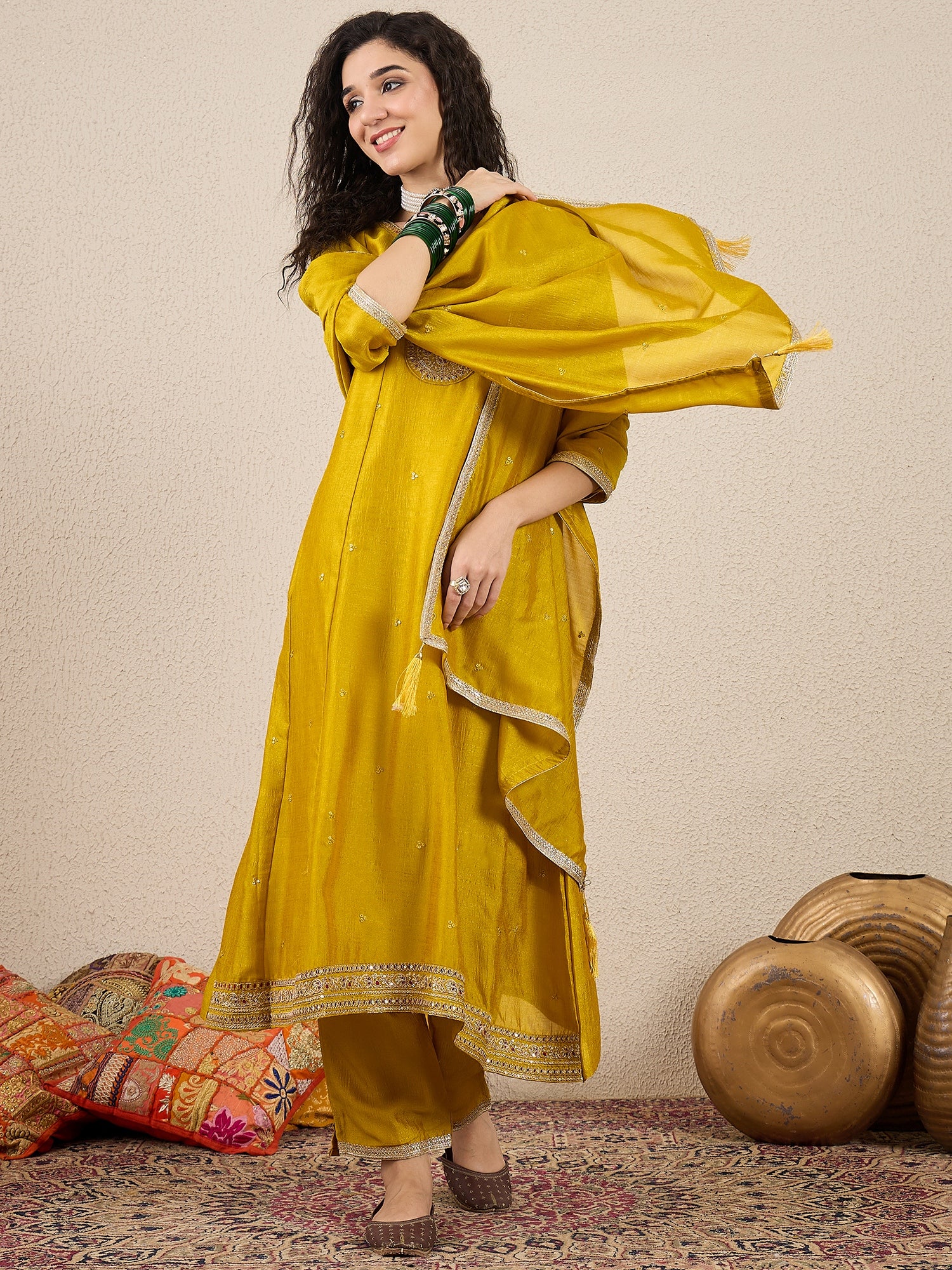 Zulekha  Yellow Silk Blend Embroidered Anarkali Set
