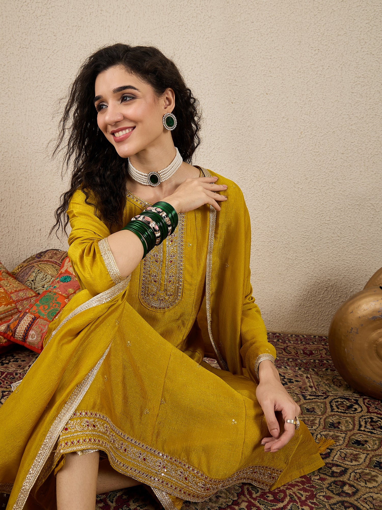 Zulekha  Yellow Silk Blend Embroidered Anarkali Set