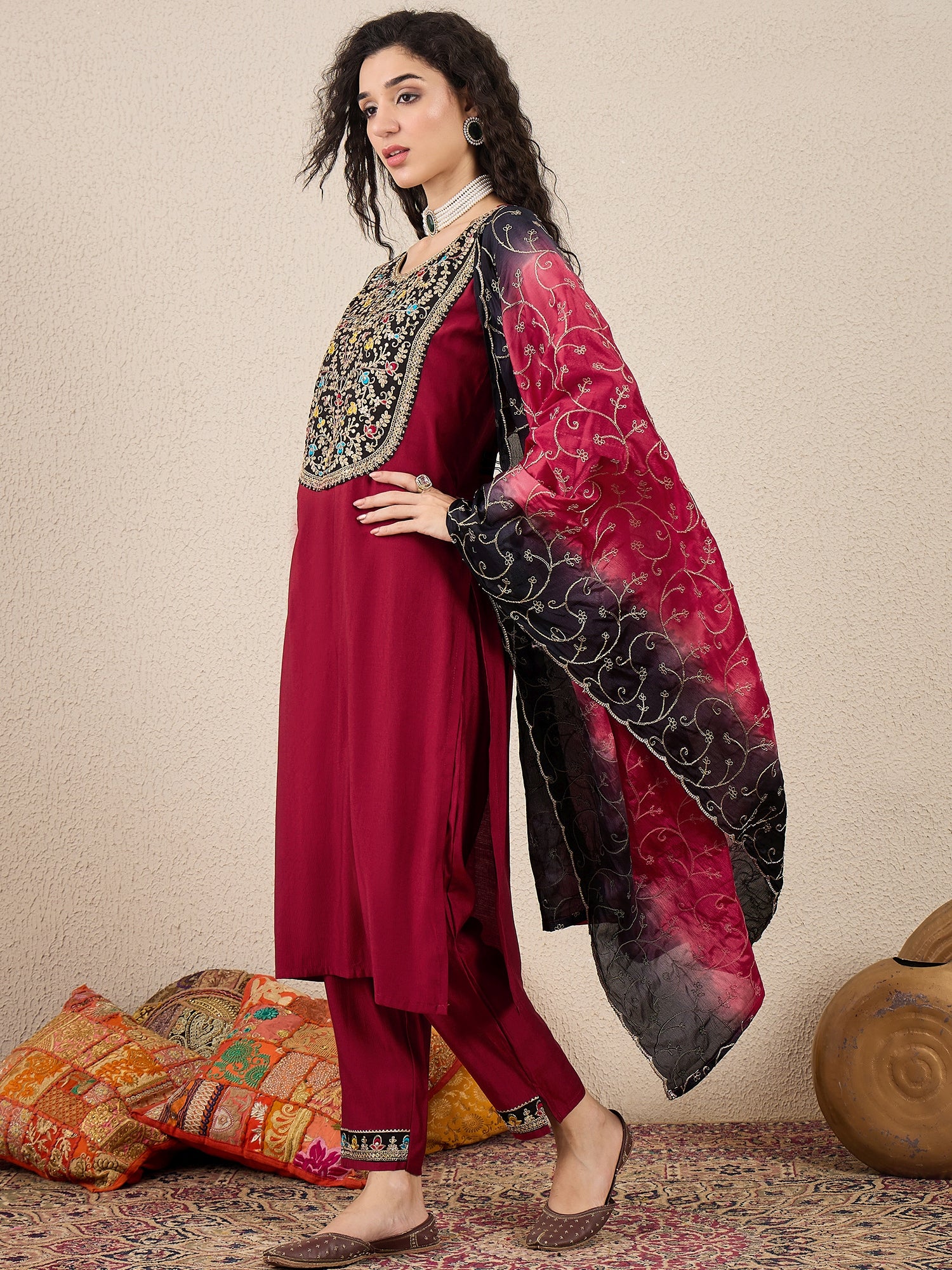 Tarunika  Embroidery Straight Maroon Kurta & Pant with Dupatta Set