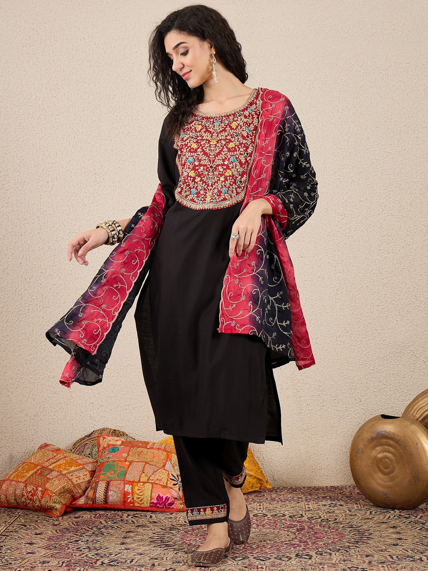 Ruchita Embroidery Straight Black Kurta & Pant with Dupatta Set