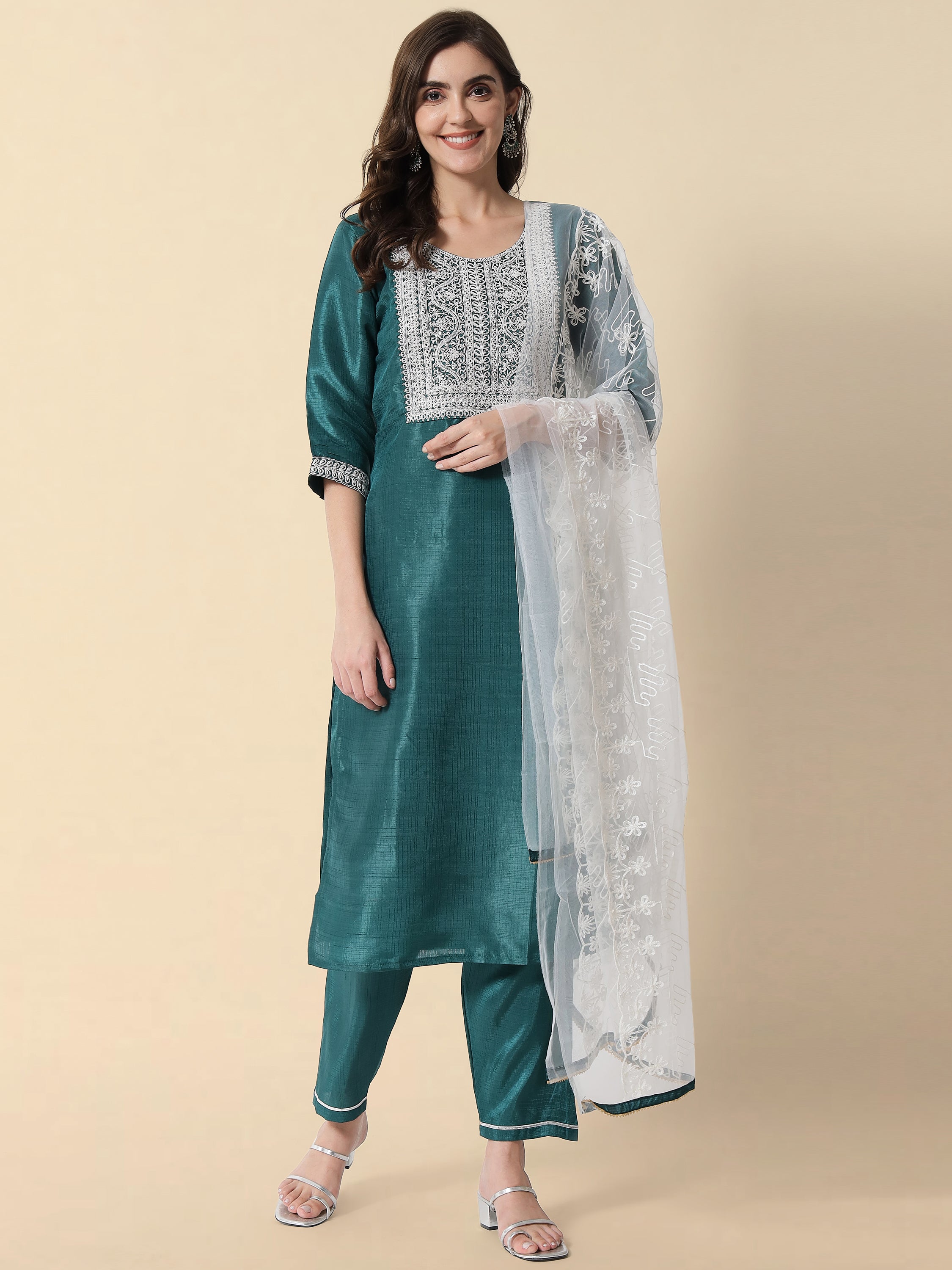 VredeVogel Women Kurta and Trousers Pant Set Cotton Silk Blend