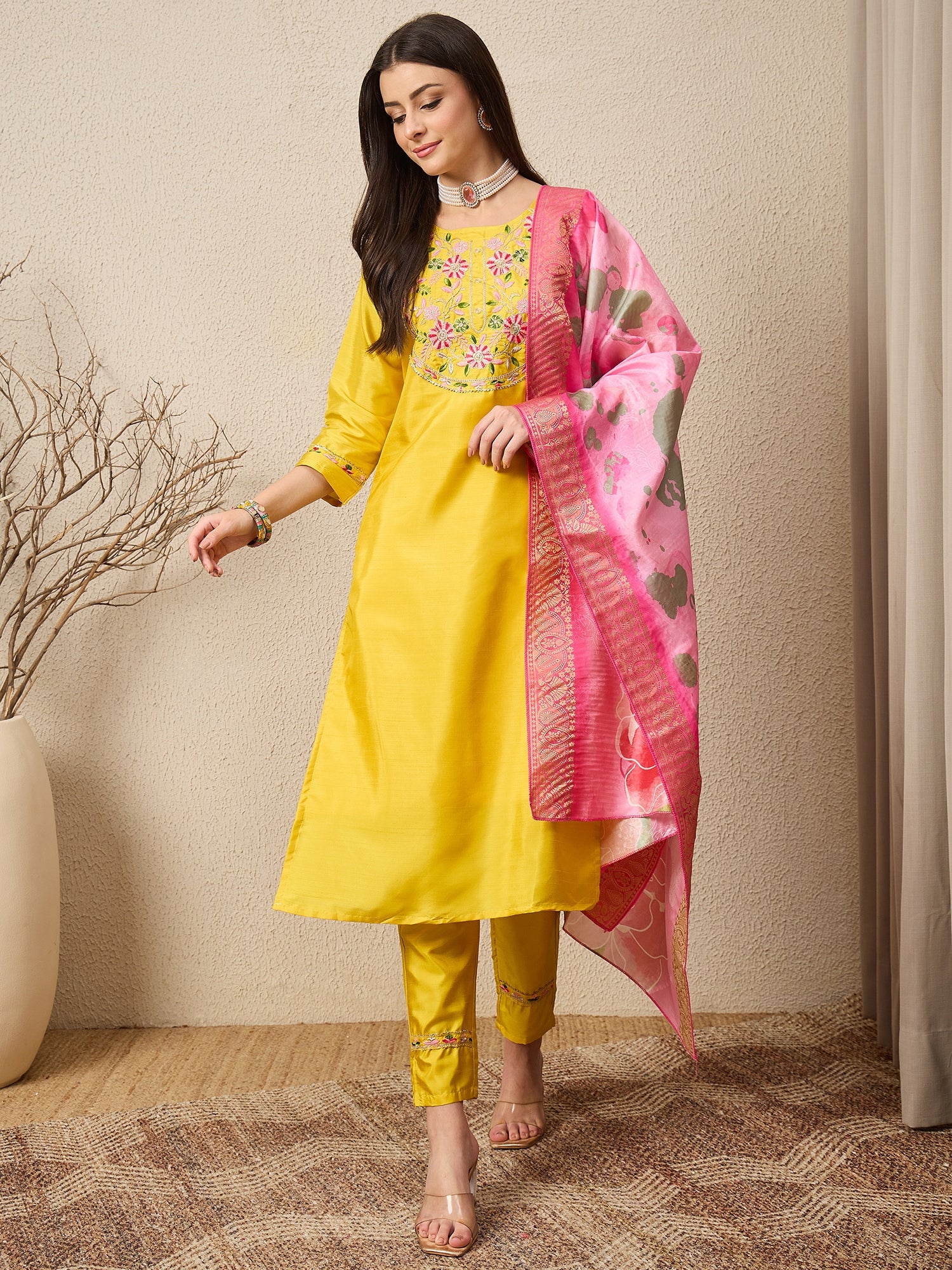 Firdousi Cotton Silk Kurta Set Elegant Embroidered Ready to Wear Outfit with Dupatta