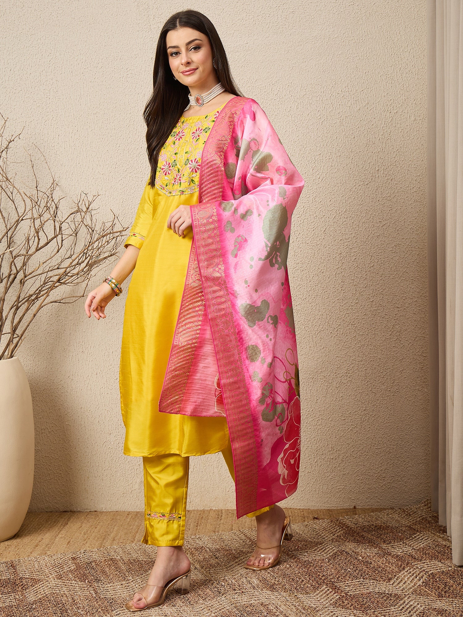 Firdousi Cotton Silk Kurta Set Elegant Embroidered Ready to Wear Outfit with Dupatta