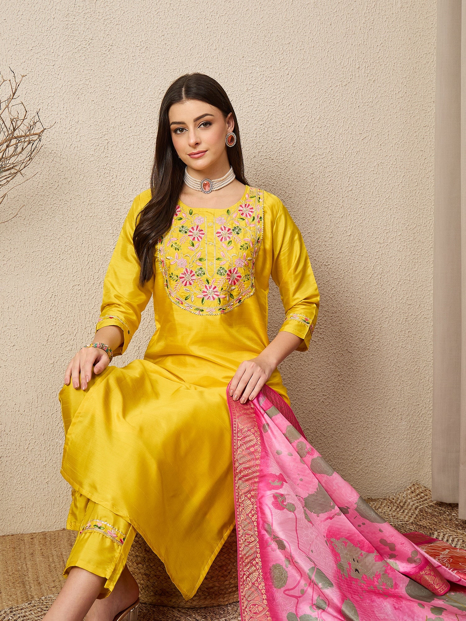 Firdousi Cotton Silk Kurta Set Elegant Embroidered Ready to Wear Outfit with Dupatta