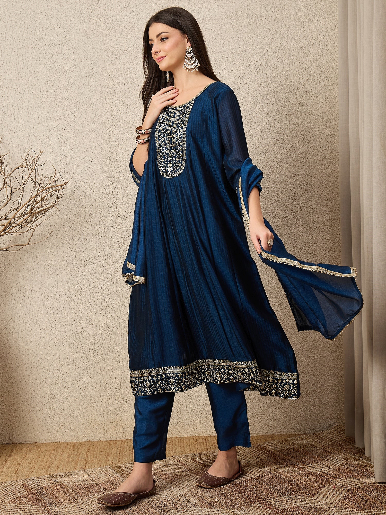 Shagun Teal Embroidered Silk Blend Anarkali Kurta Pant With Dupatta Set