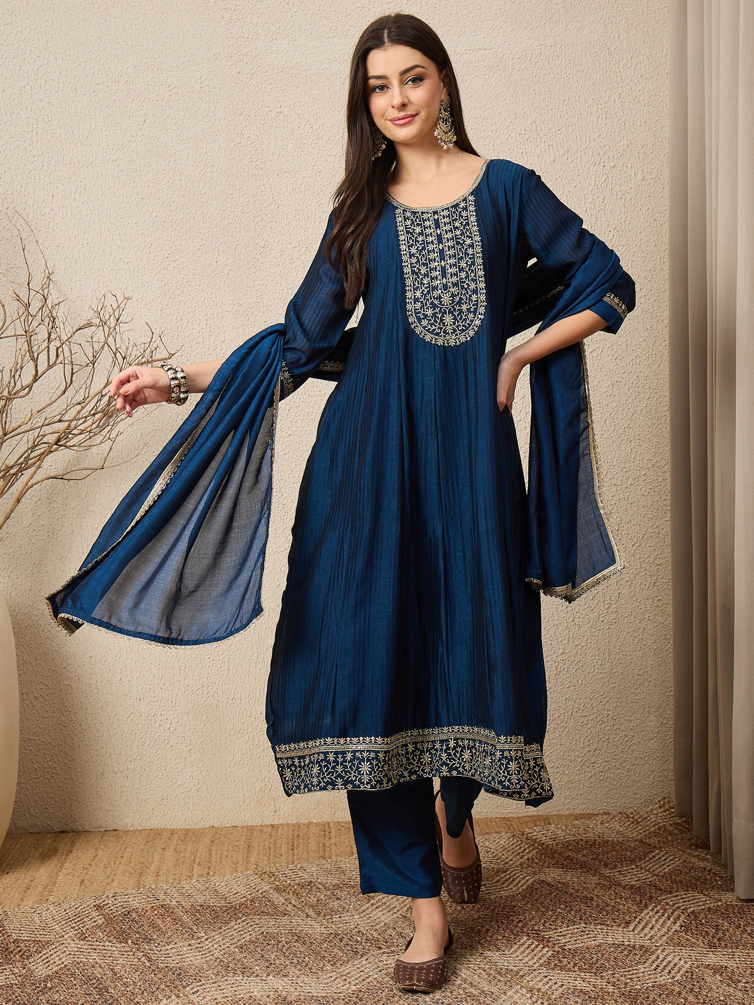 Shagun Teal Embroidered Silk Blend Anarkali Kurta Pant With Dupatta Set