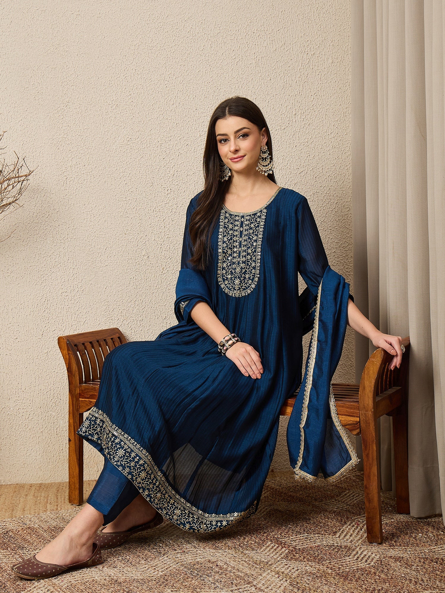 Shagun Teal Embroidered Silk Blend Anarkali Kurta Pant With Dupatta Set