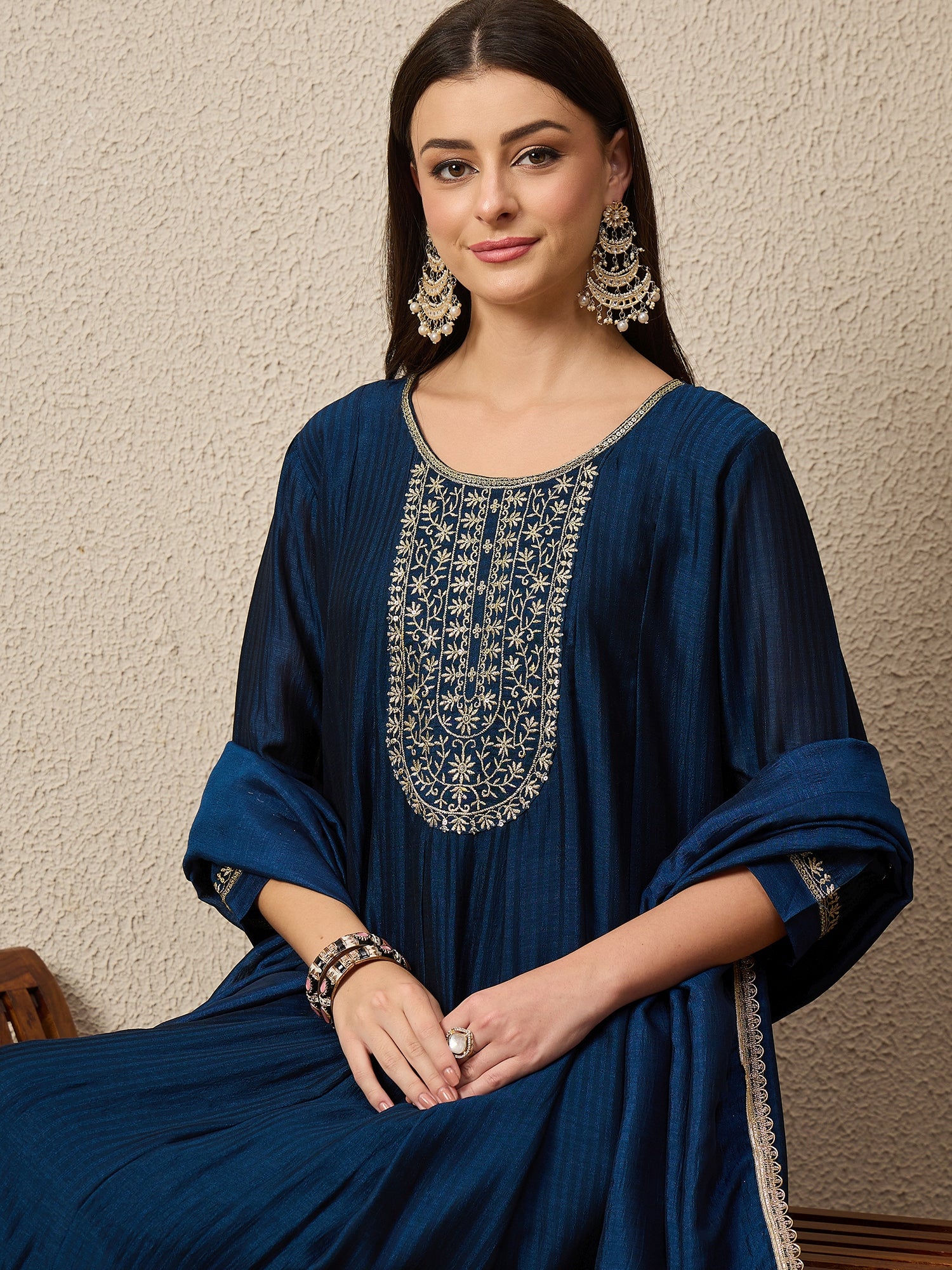 Shagun Teal Embroidered Silk Blend Anarkali Kurta Pant With Dupatta Set