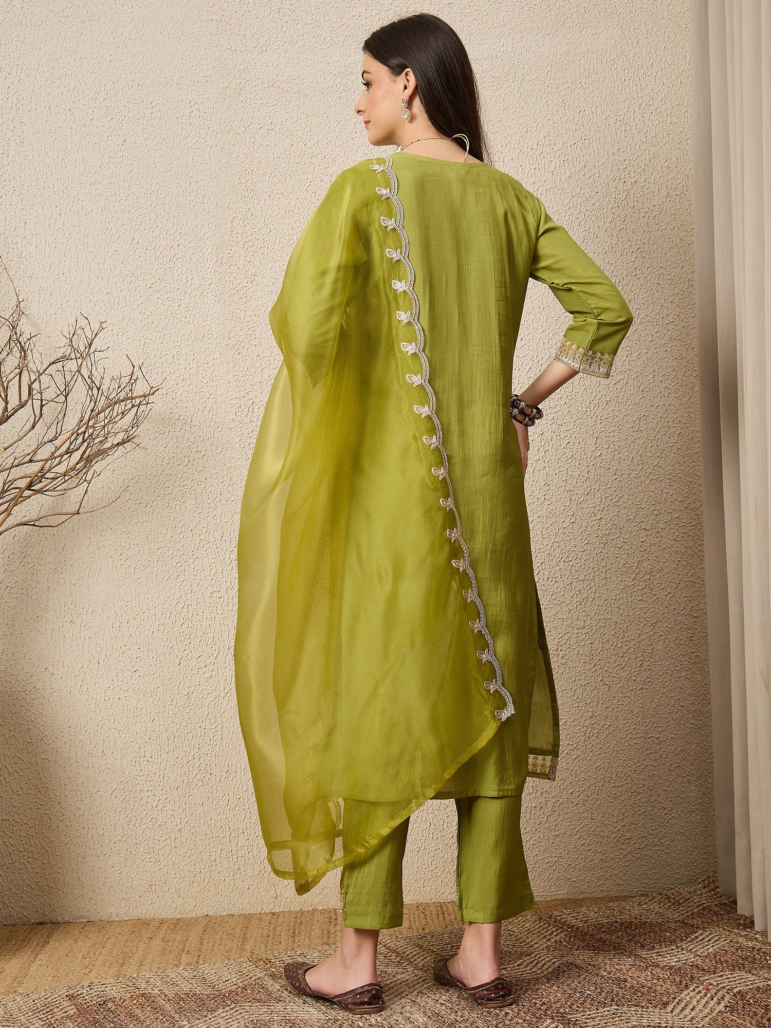 Saheli Pista Silk Blend Calf Length Embroidered Straight Suit Set
