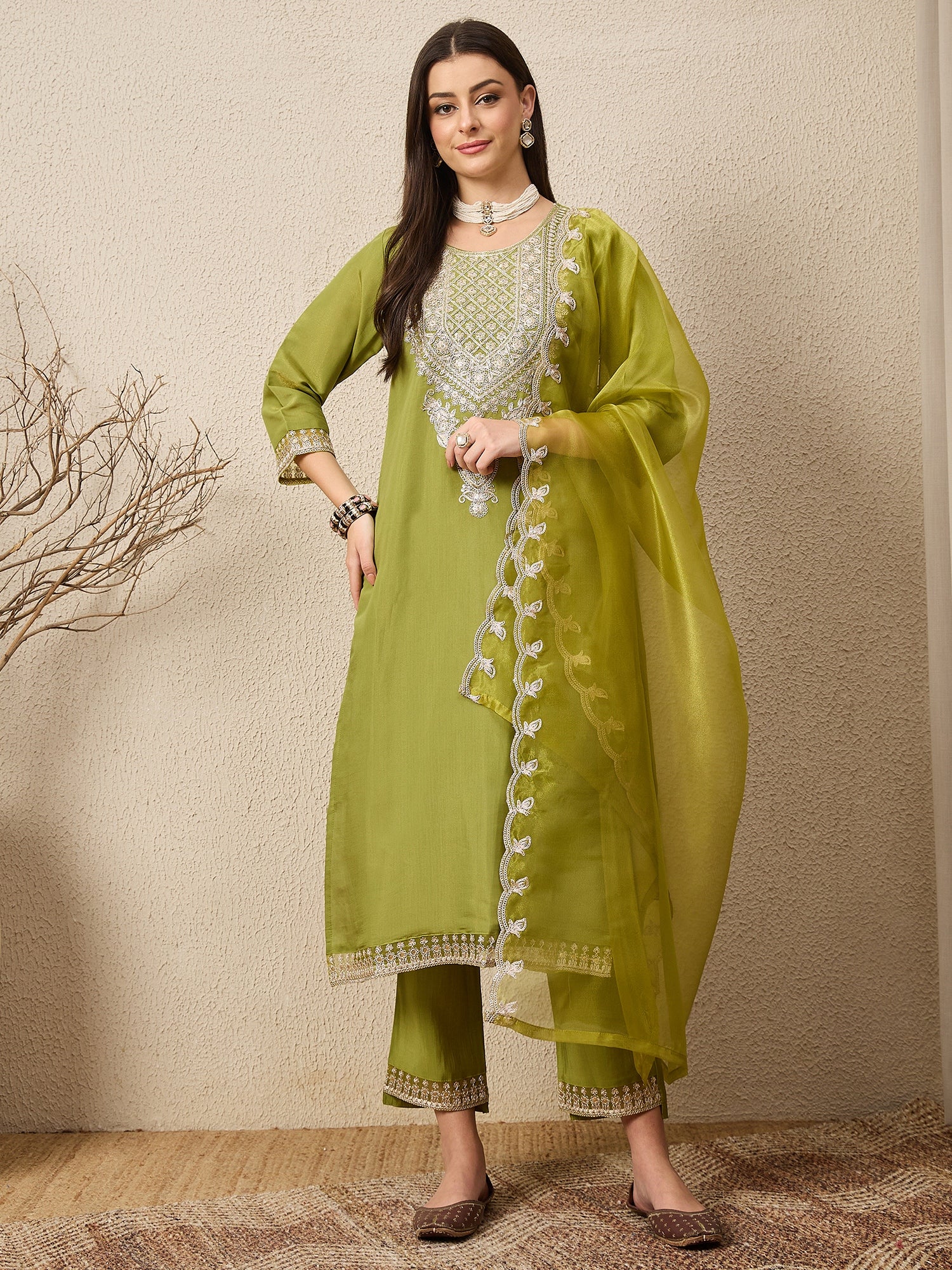 Saheli Pista Silk Blend Calf Length Embroidered Straight Suit Set
