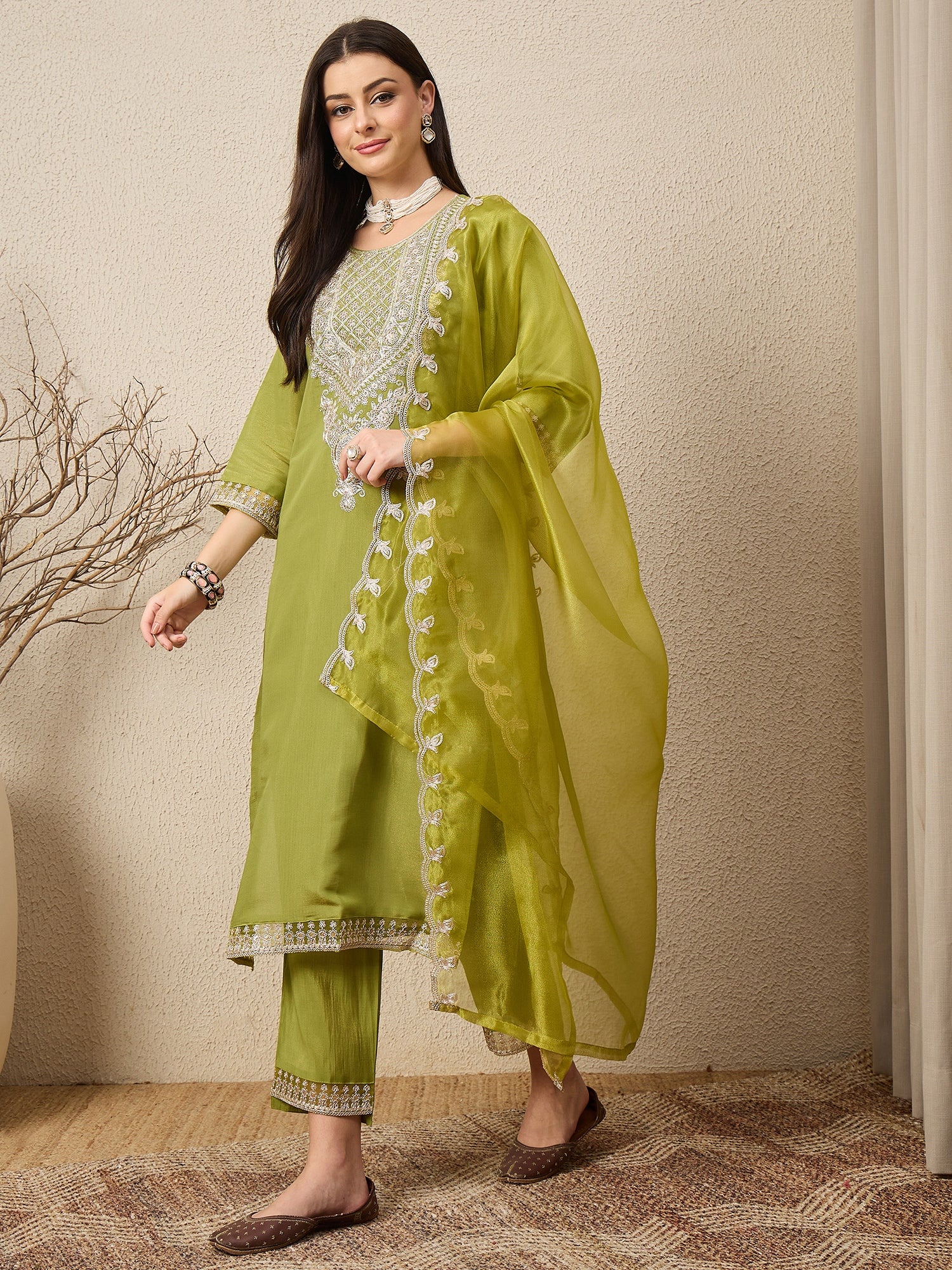 Saheli Pista Silk Blend Calf Length Embroidered Straight Suit Set