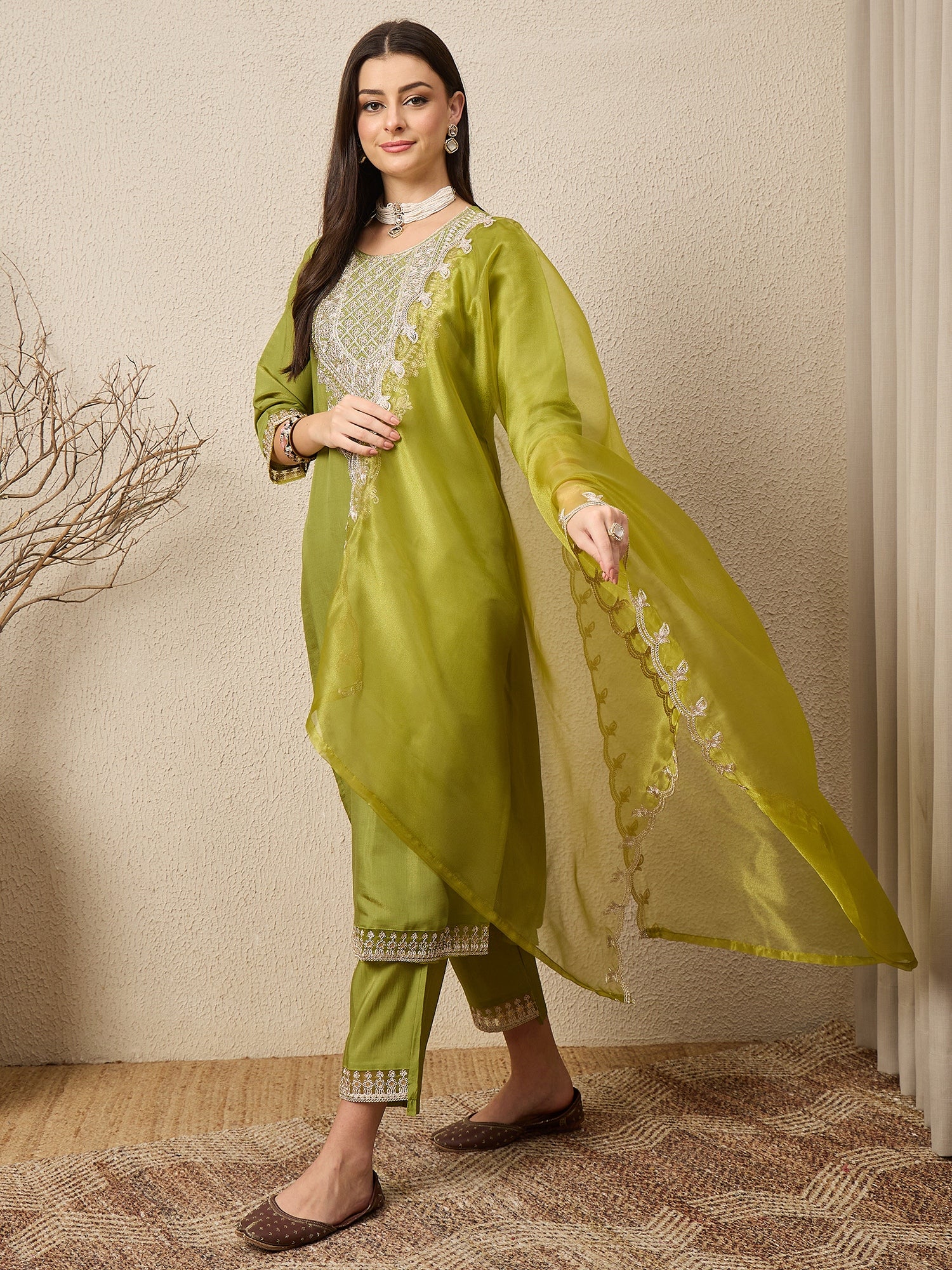 Saheli Pista Silk Blend Calf Length Embroidered Straight Suit Set