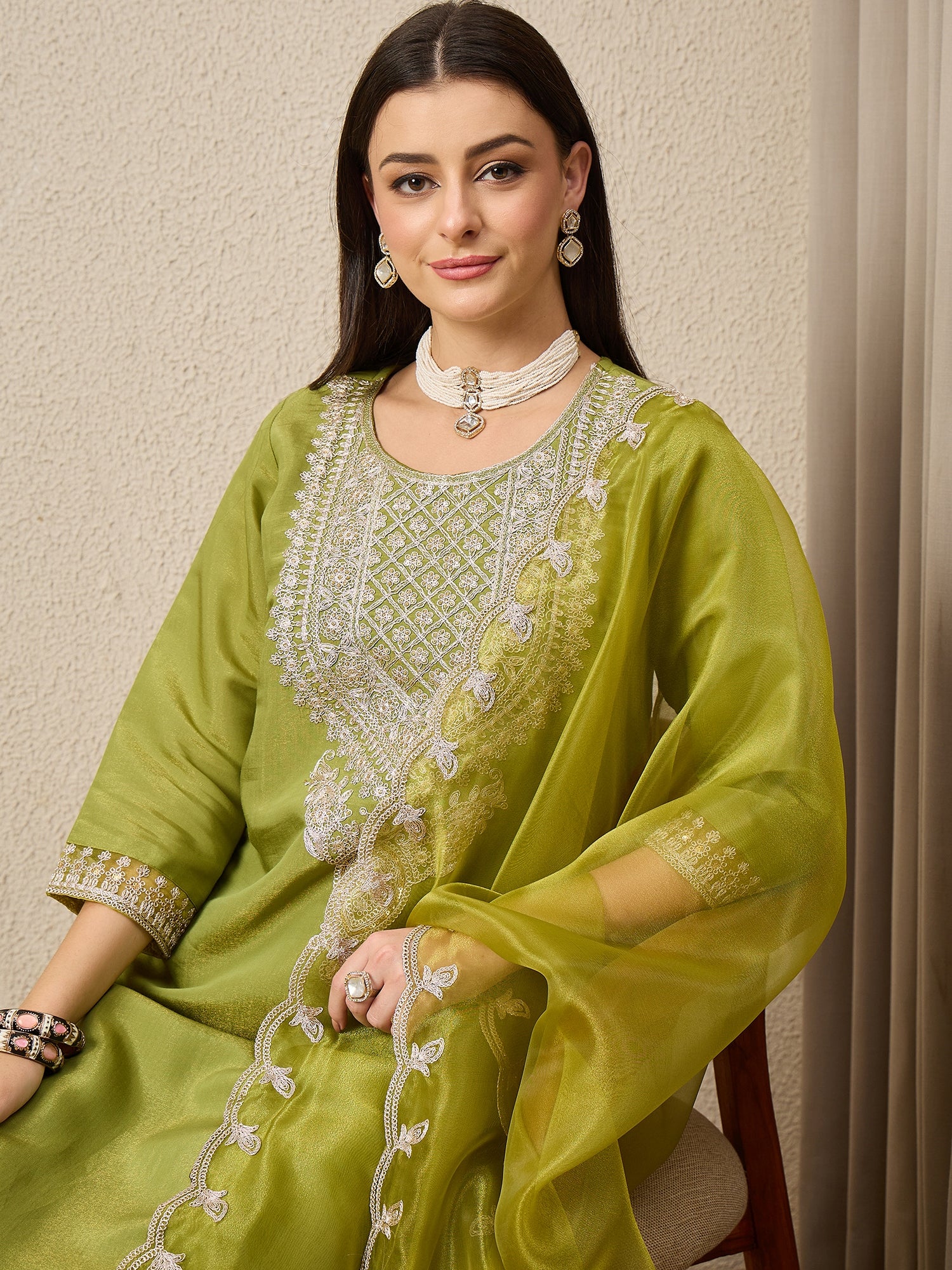 Saheli Pista Silk Blend Calf Length Embroidered Straight Suit Set