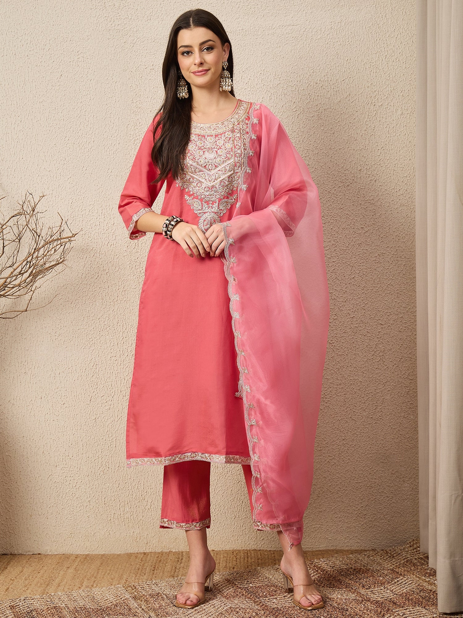 Saanwari Peach Silk Blend Calf Length Embroidered Straight Suit Set