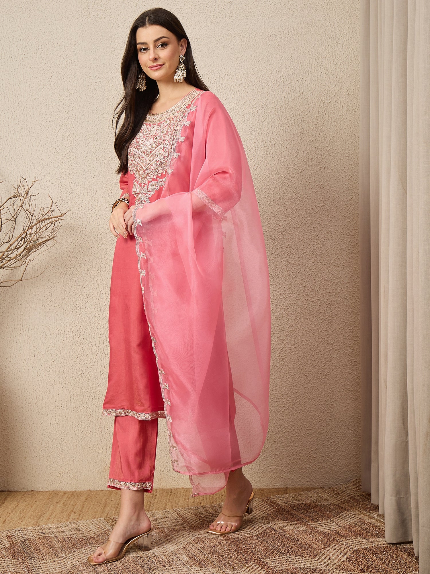 Saanwari Peach Silk Blend Calf Length Embroidered Straight Suit Set