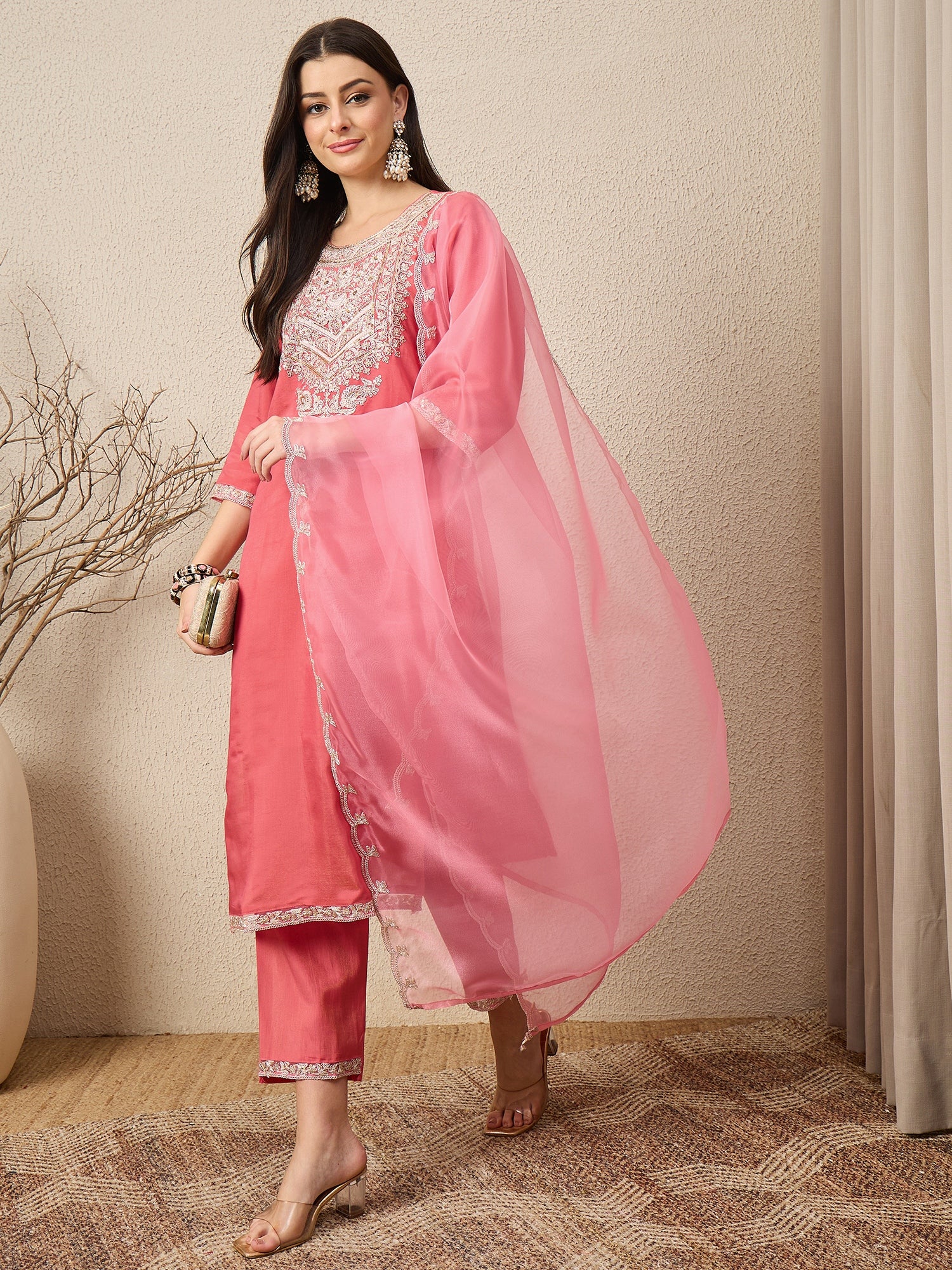 Saanwari Peach Silk Blend Calf Length Embroidered Straight Suit Set