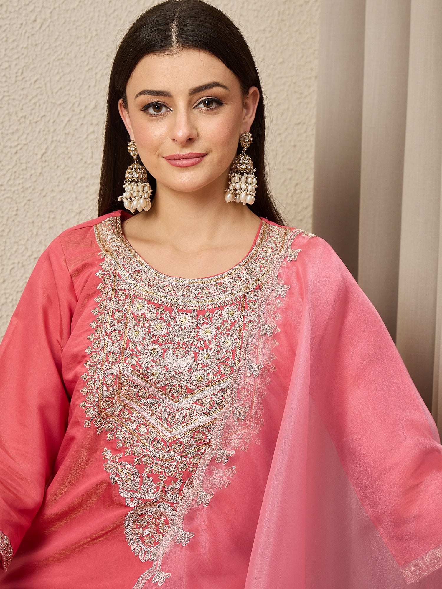 Saanwari Peach Silk Blend Calf Length Embroidered Straight Suit Set