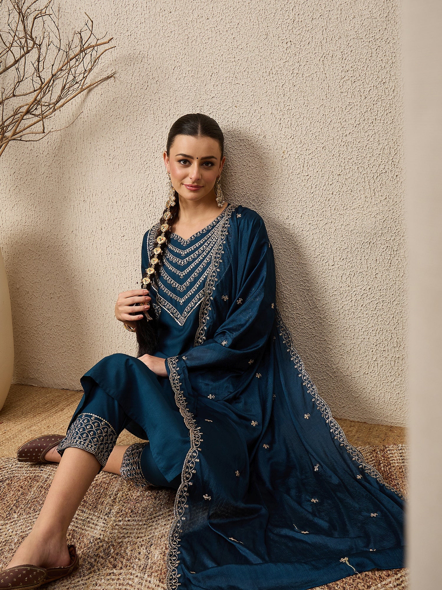 Anika Teal Ethnic Motifs Embroidered Straight Kurta with Trousers & Dupatta