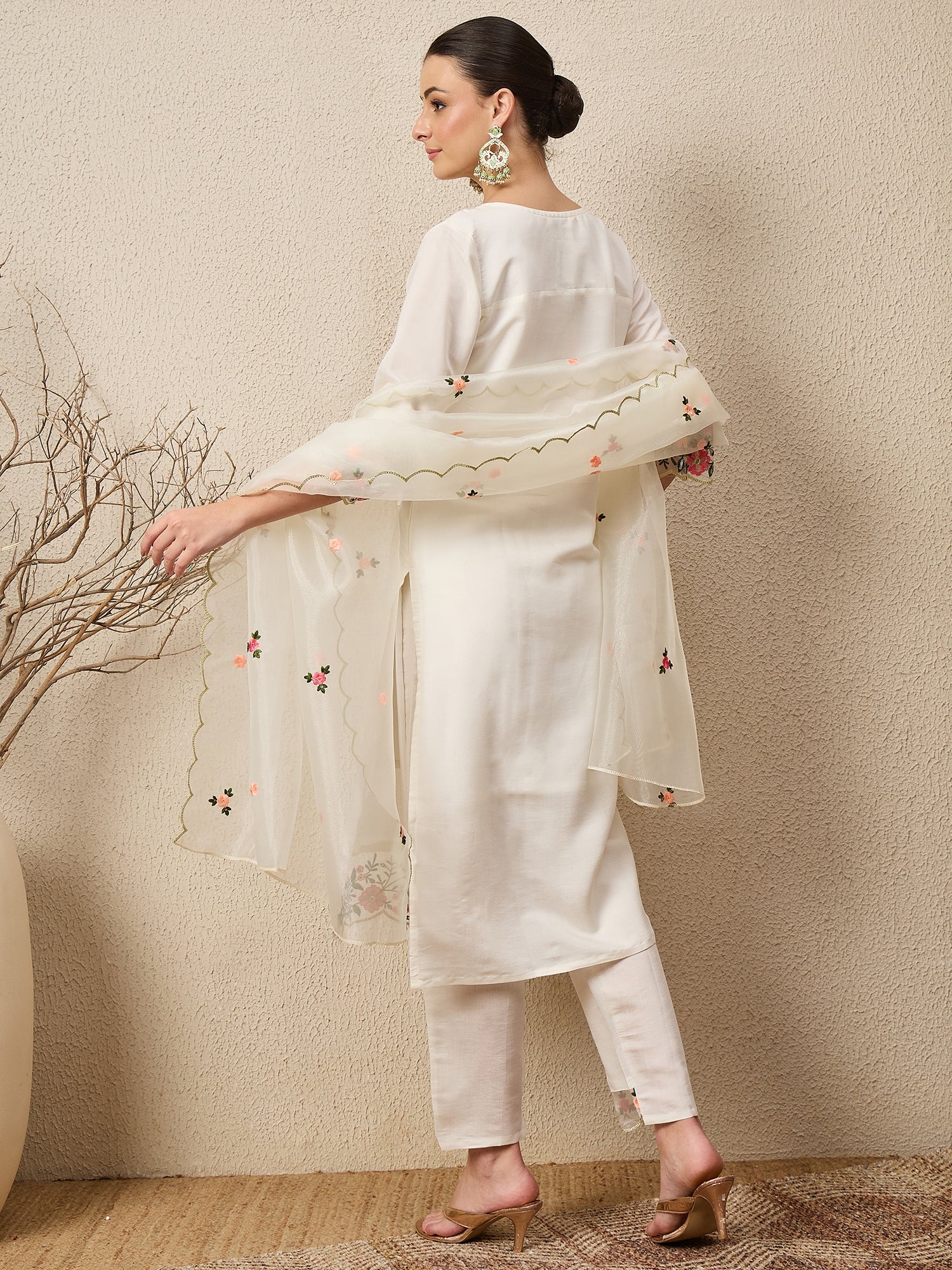 Rajvadi White Women's Embroidered Silk Blend Calf Length Straight Kurta Trouser with Dupatta Set