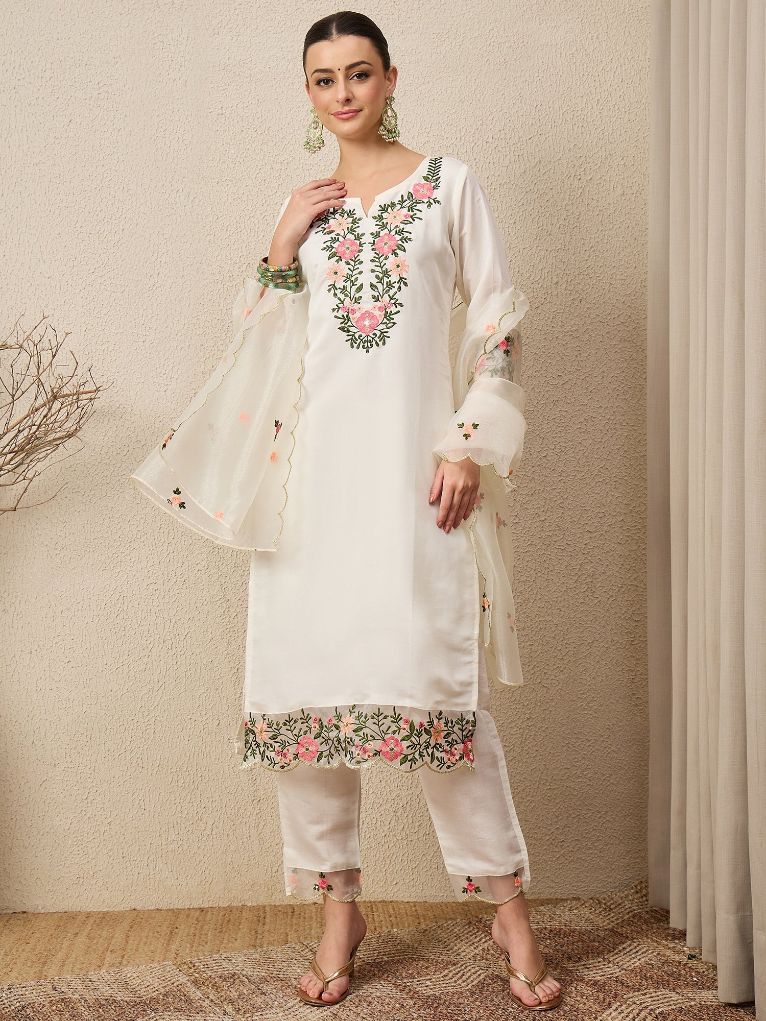 Rajvadi White Women's Embroidered Silk Blend Calf Length Straight Kurta Trouser with Dupatta Set