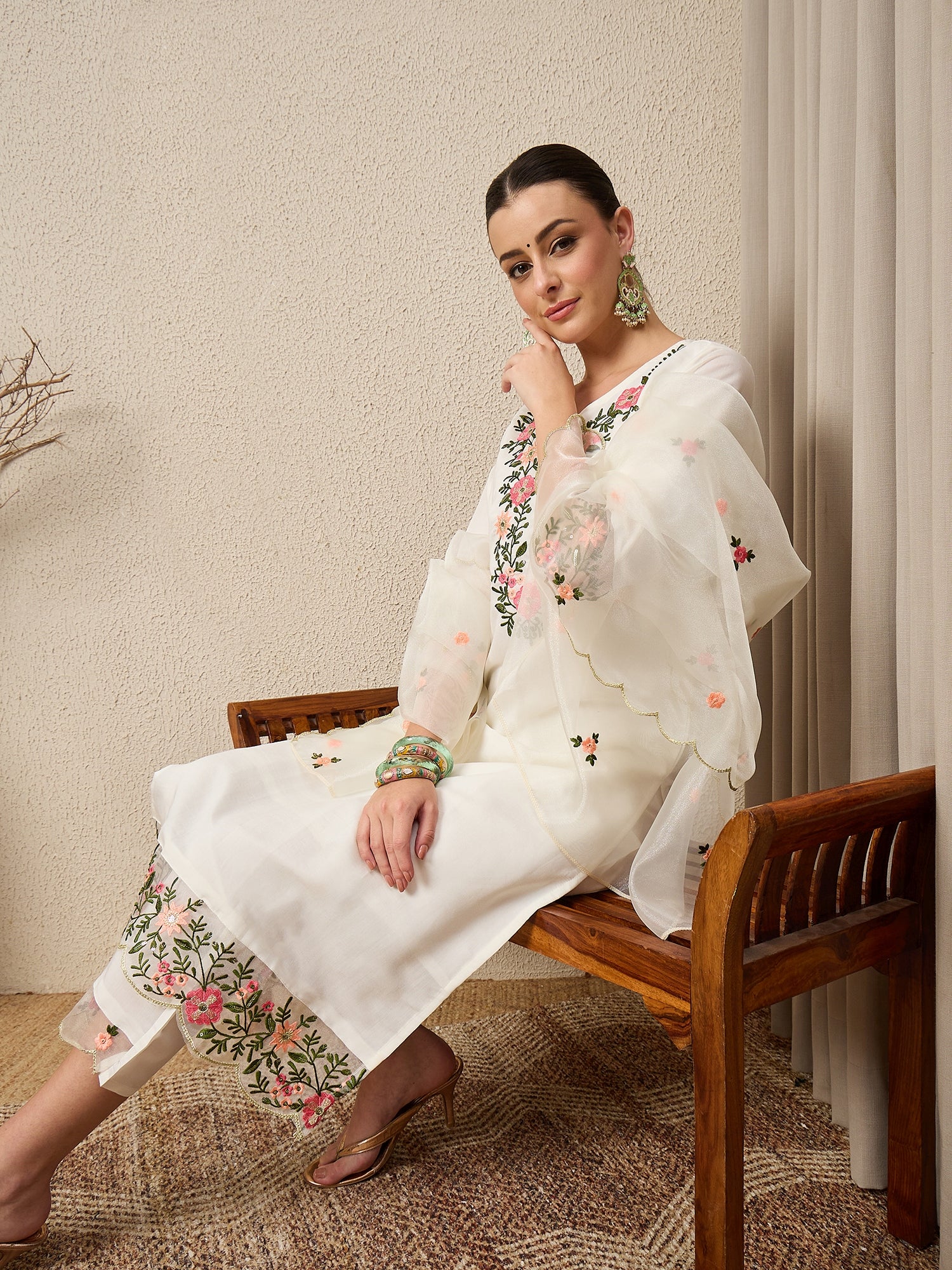 Rajvadi White Women's Embroidered Silk Blend Calf Length Straight Kurta Trouser with Dupatta Set
