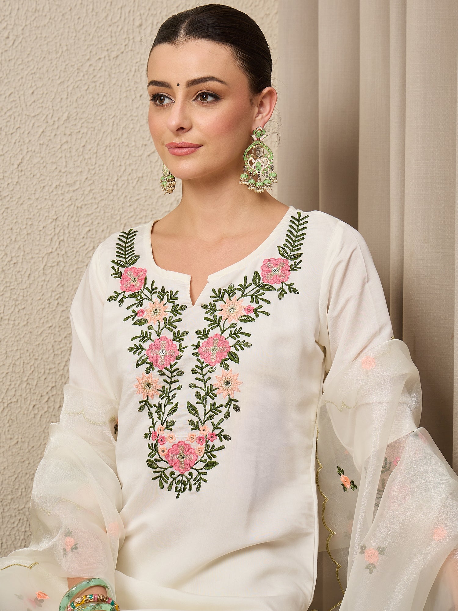 Rajvadi White Women's Embroidered Silk Blend Calf Length Straight Kurta Trouser with Dupatta Set