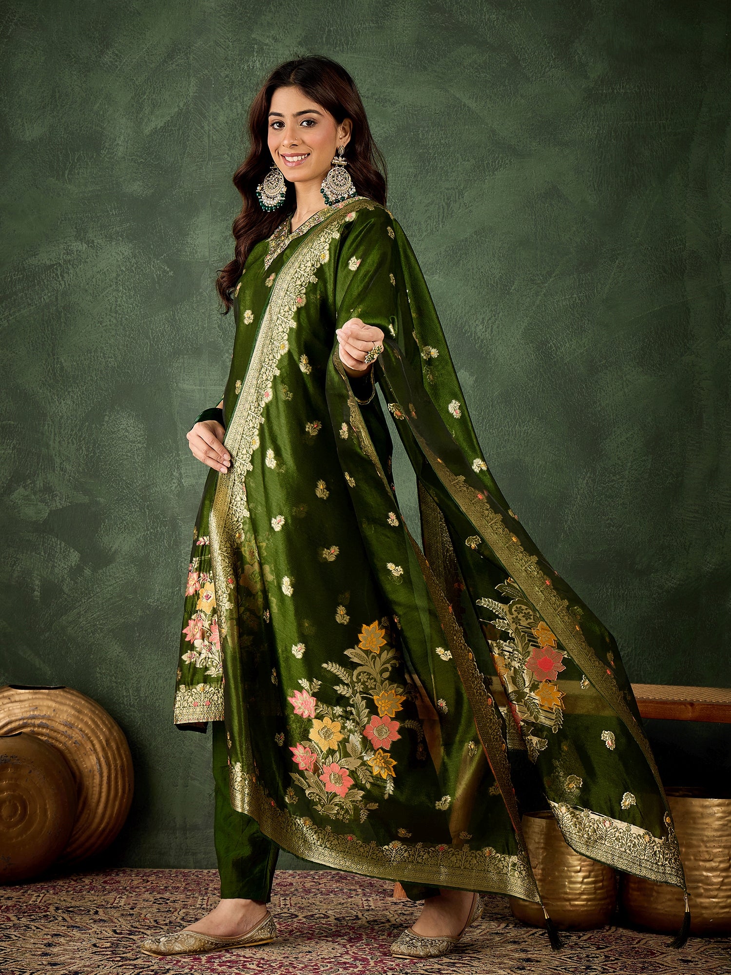 Eshanvi mehndi Embroidered Silk Blend Organza Meenakari Straight Suits With Dupatta