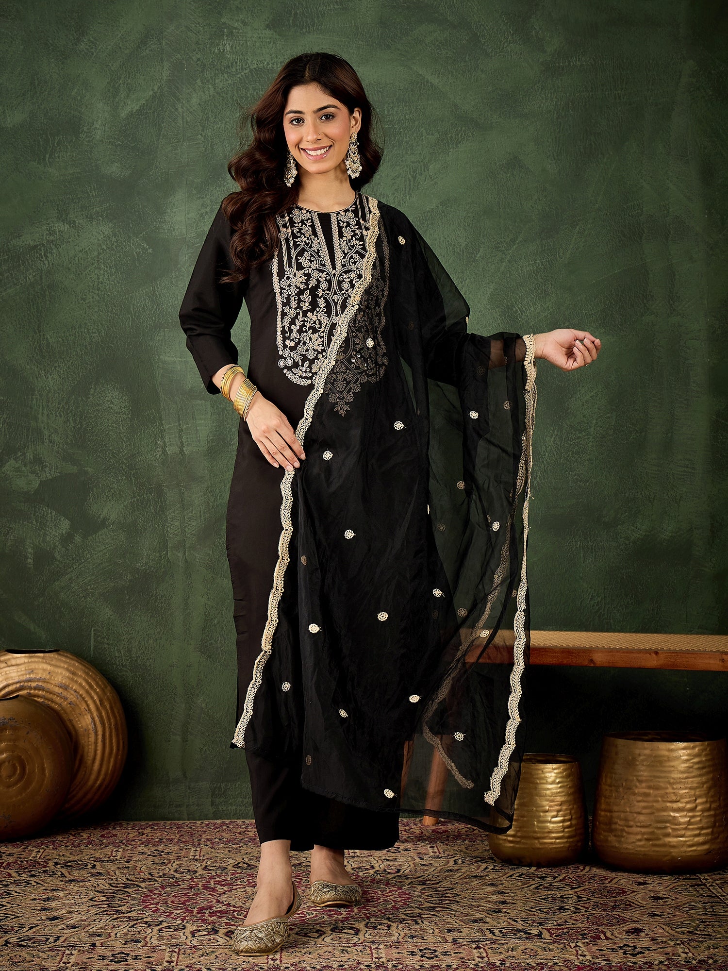 Aarti  Women's Embroidered Silk Blend Calf Length Straight Kurta with Palazzo & Dupatta Set