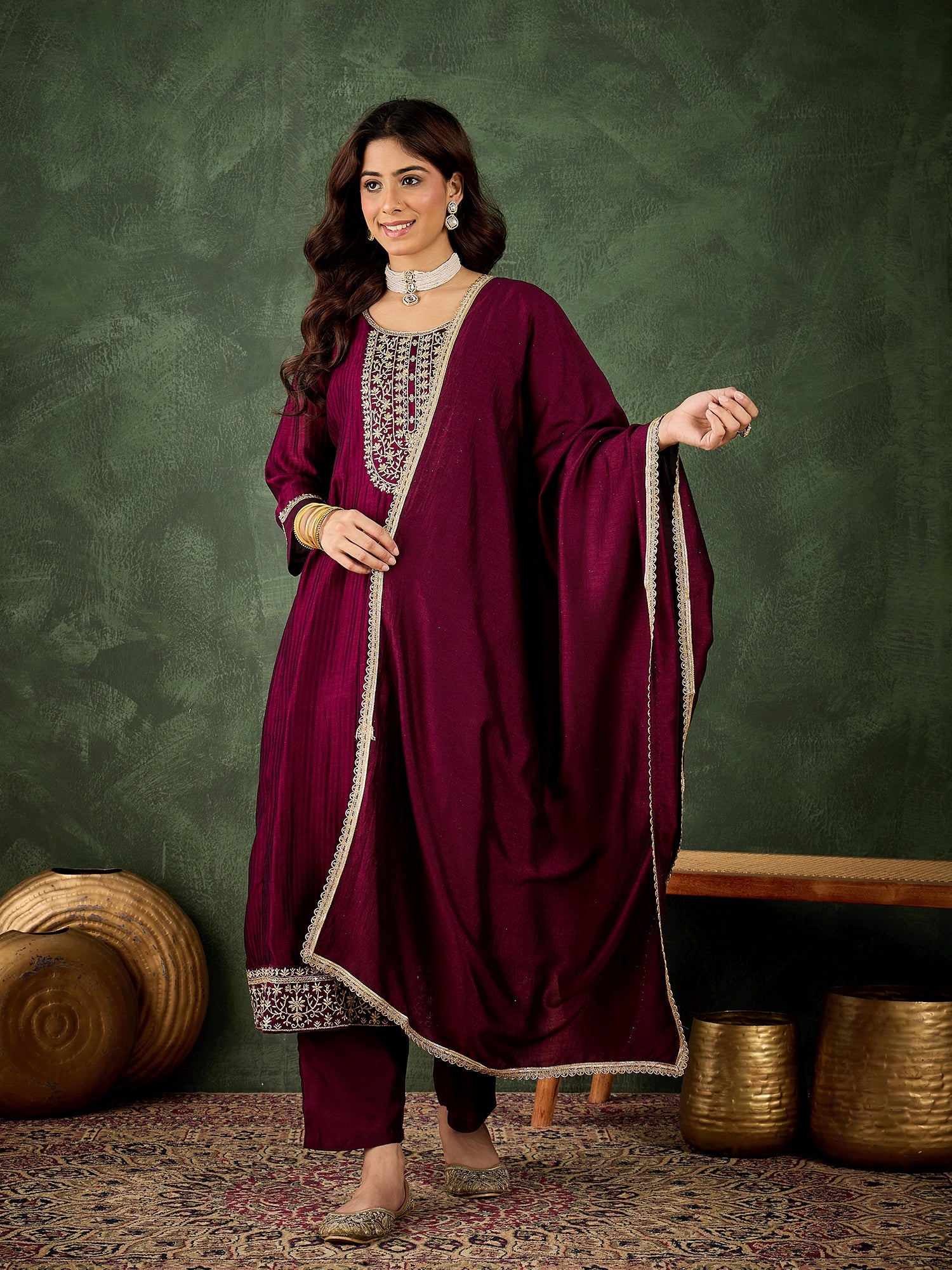 Ekaaya Women's Embroidered Silk Blend Anarkali Kurta Pant With Dupatta Set
