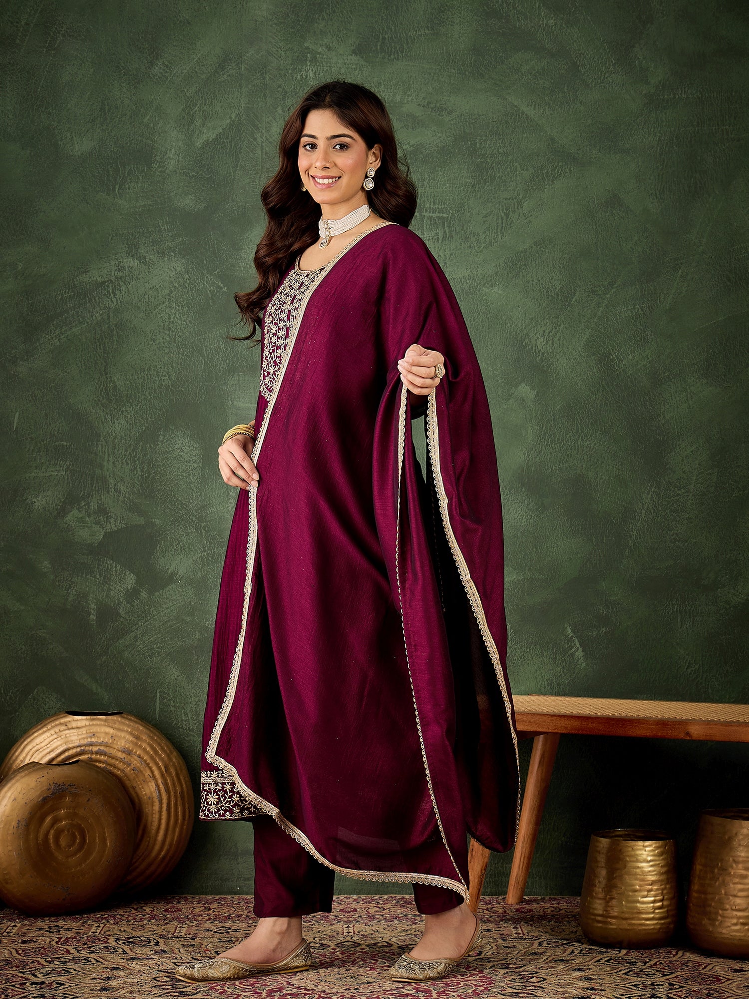 Ekaaya Women's Embroidered Silk Blend Anarkali Kurta Pant With Dupatta Set