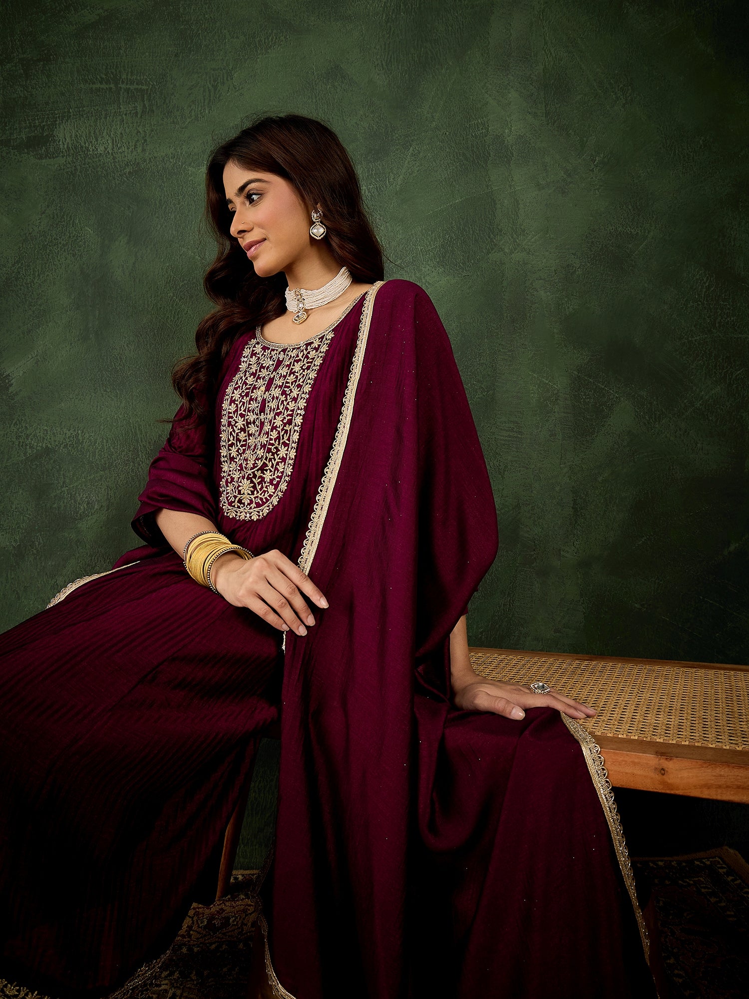 Ekaaya Women's Embroidered Silk Blend Anarkali Kurta Pant With Dupatta Set