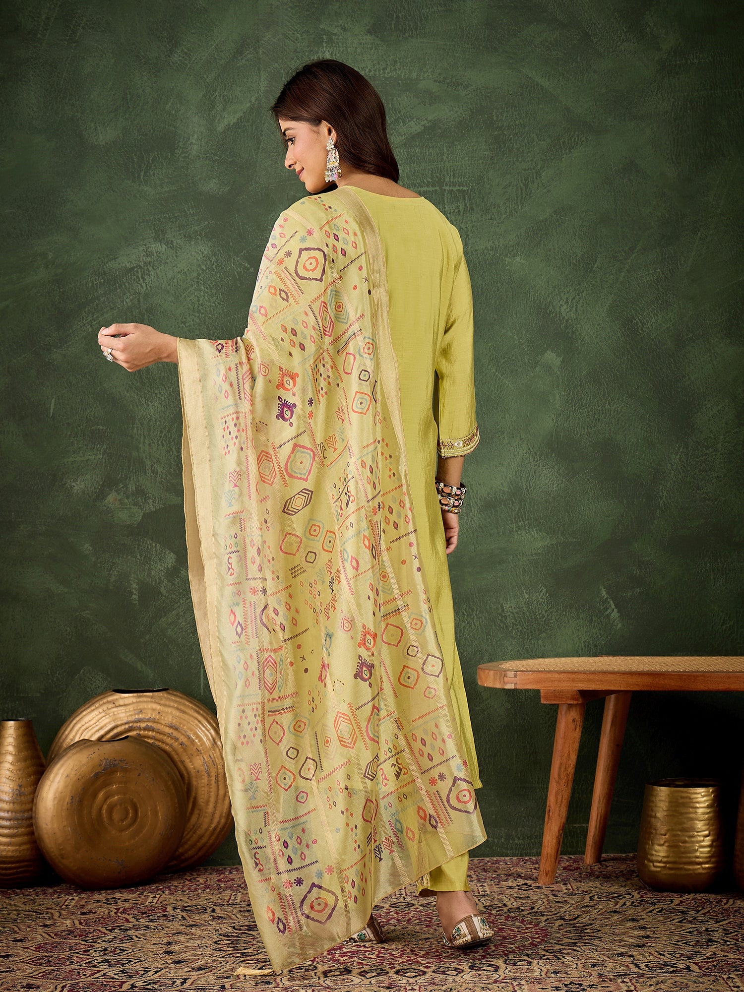 Pushti Women's Embroidered Yellow Silk Blend Straight Suit Set with Dupatta